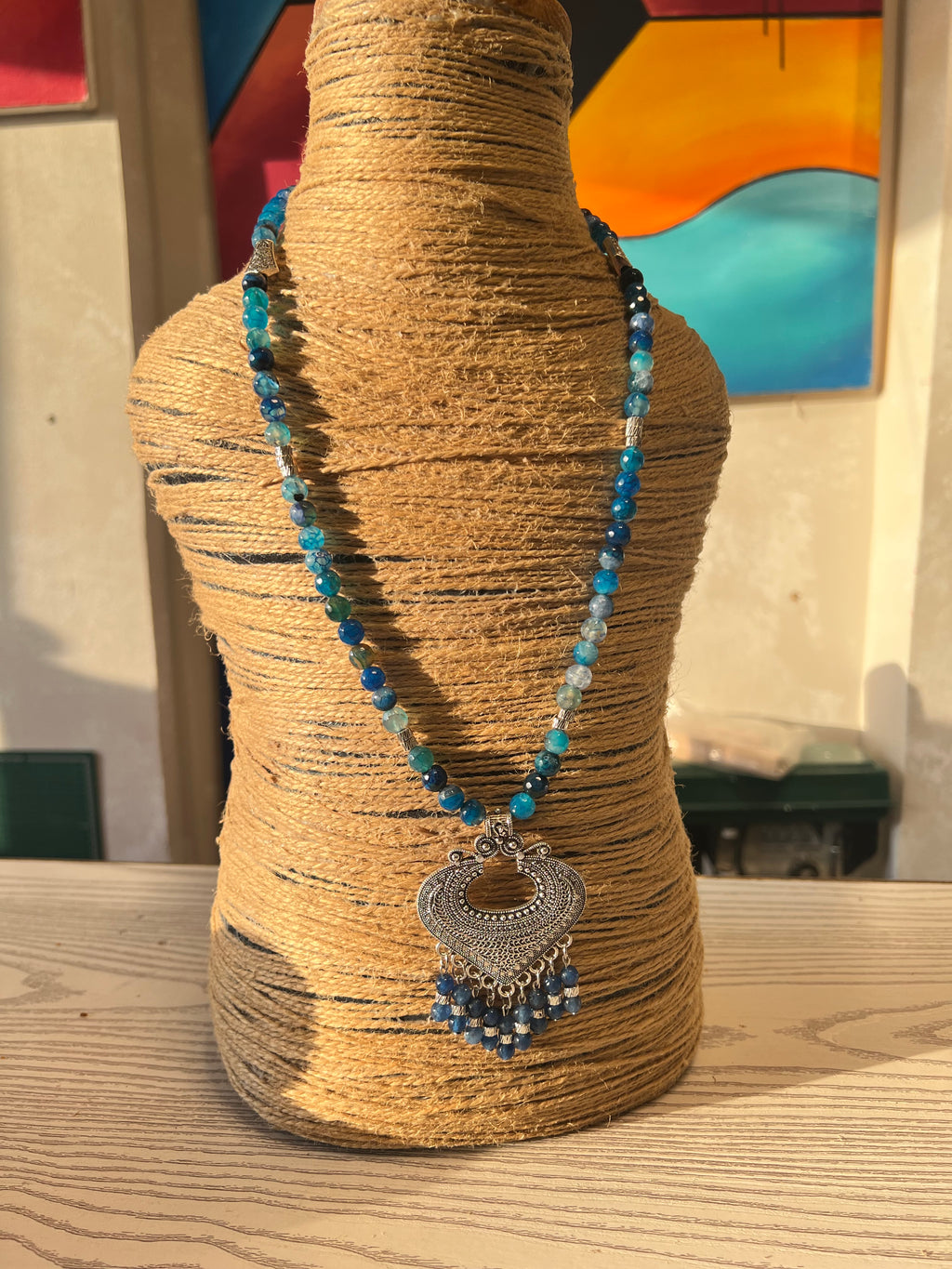 blue agate with silver pendant necklace J291