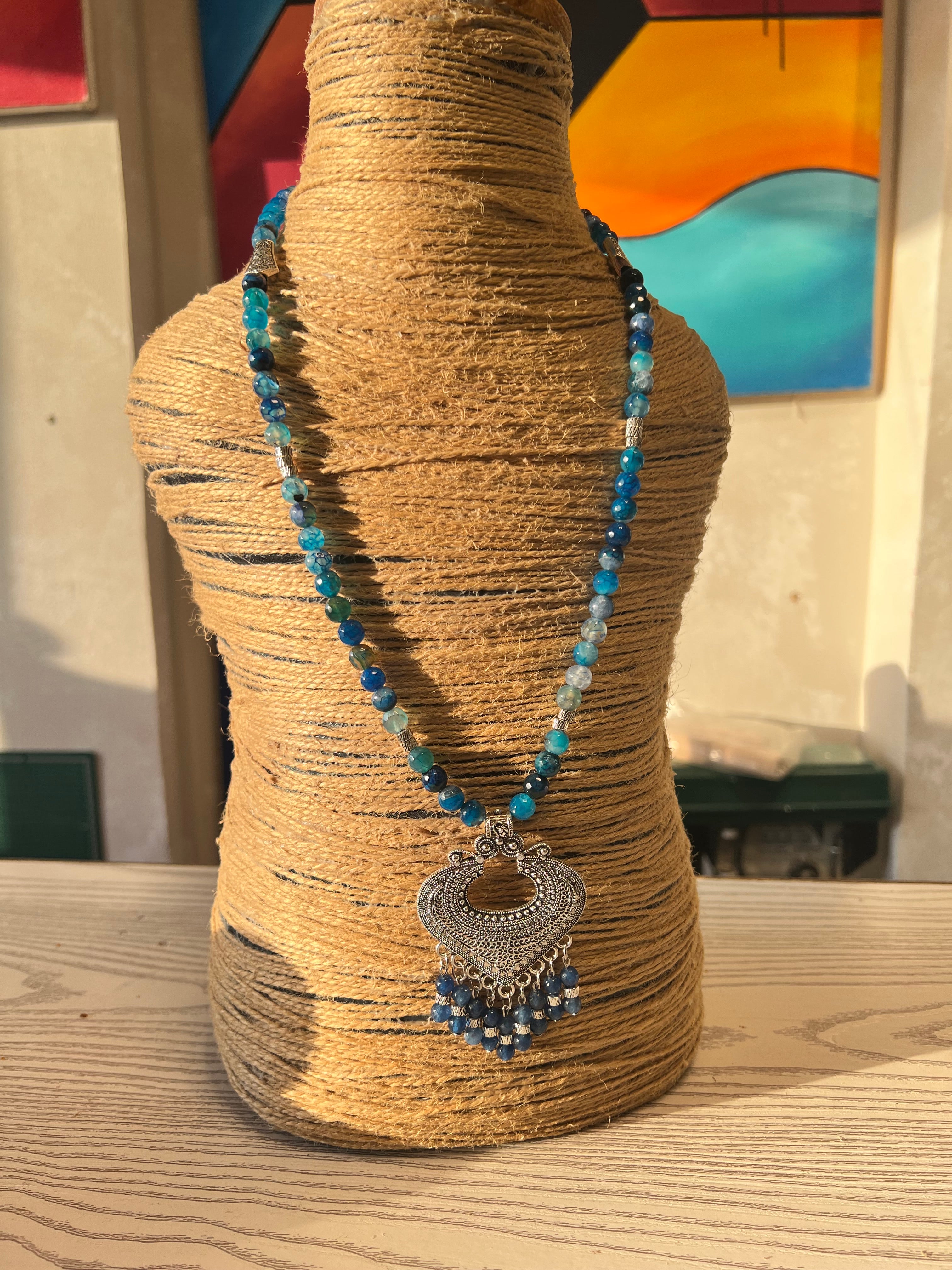 blue agate with silver pendant necklace J291