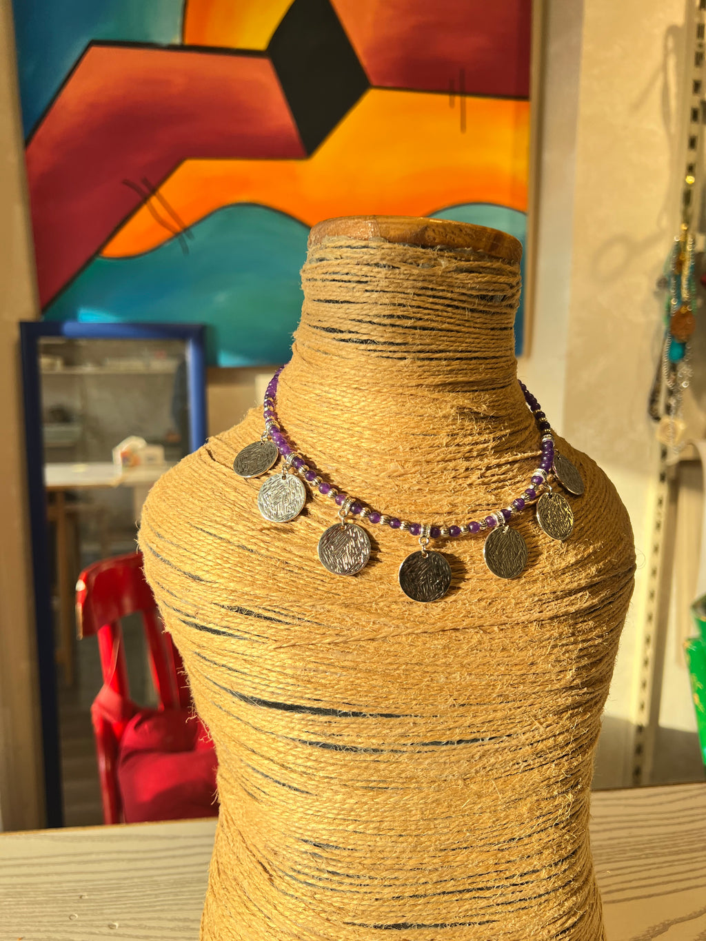 purple agate necklace with silver coins