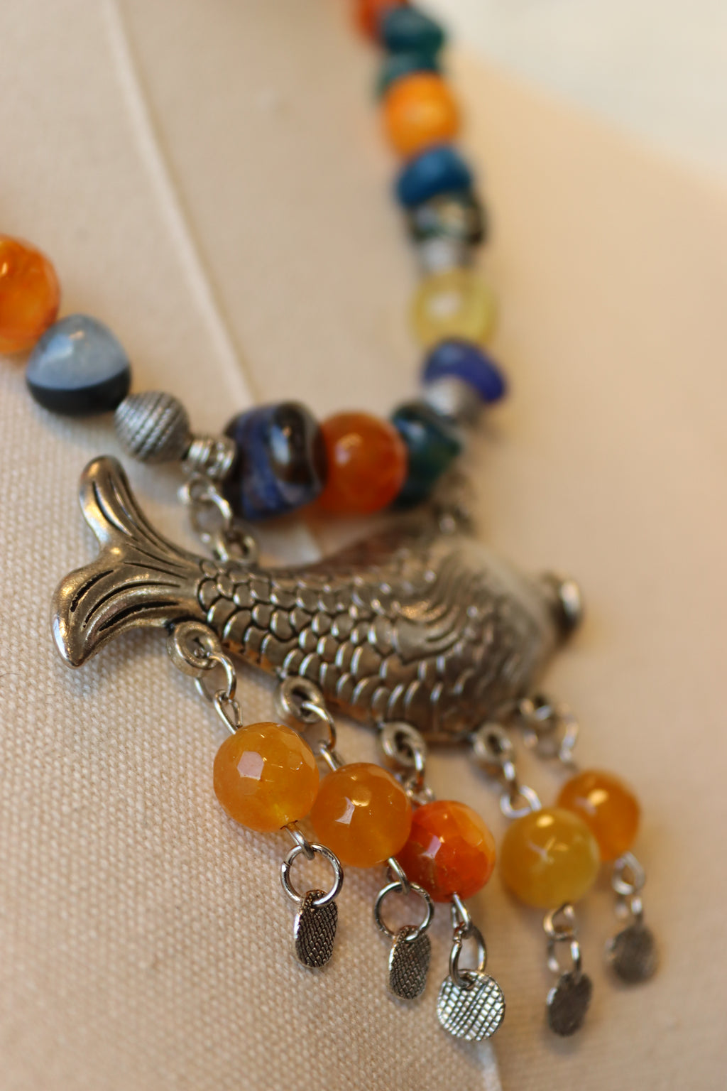 Orange and blue Agate Stones with silver Fish Pendant Necklace  | Handmade jewelry
