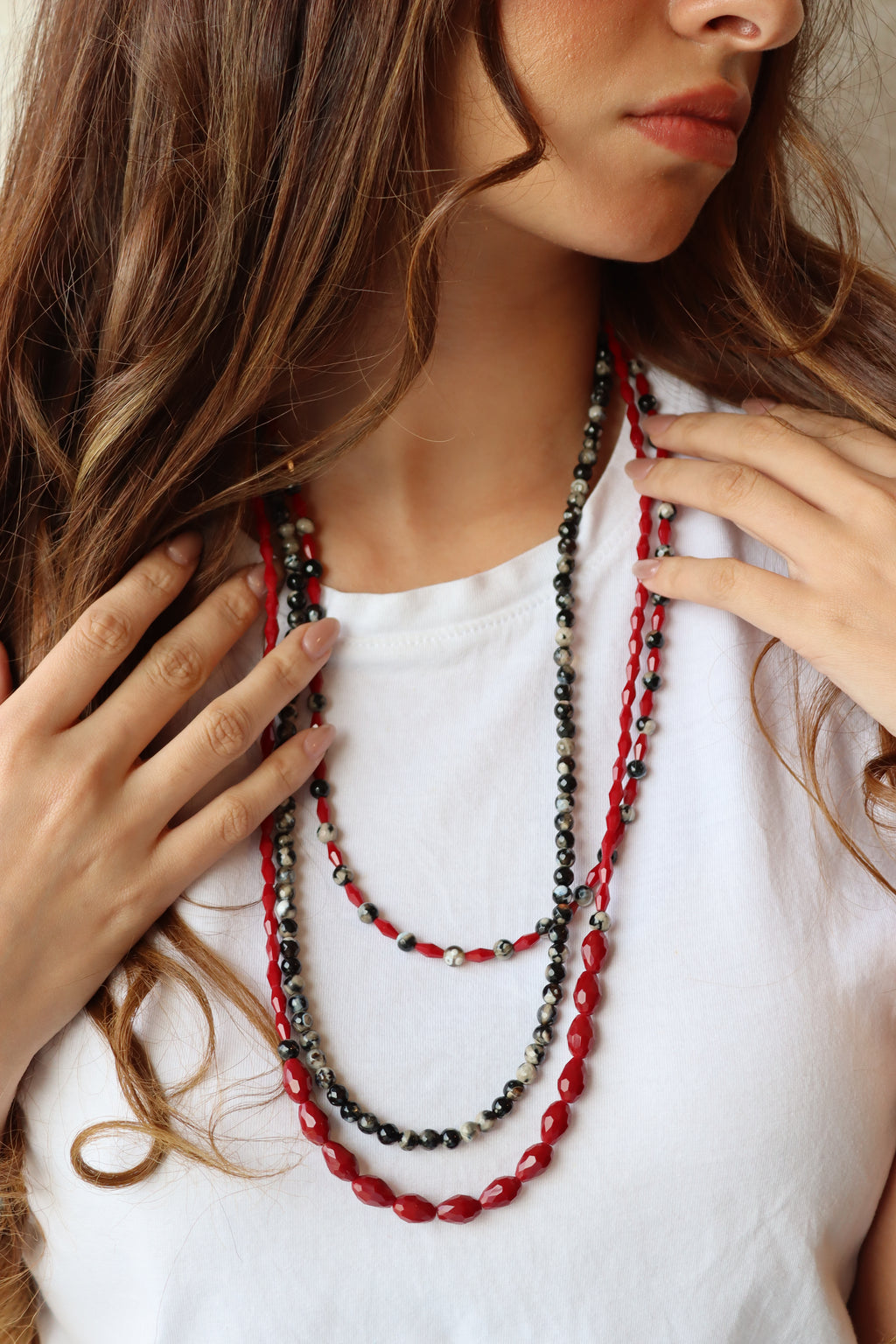 Black Agate and Red Crystal Triple-Layered Necklace | Handmade jewelry