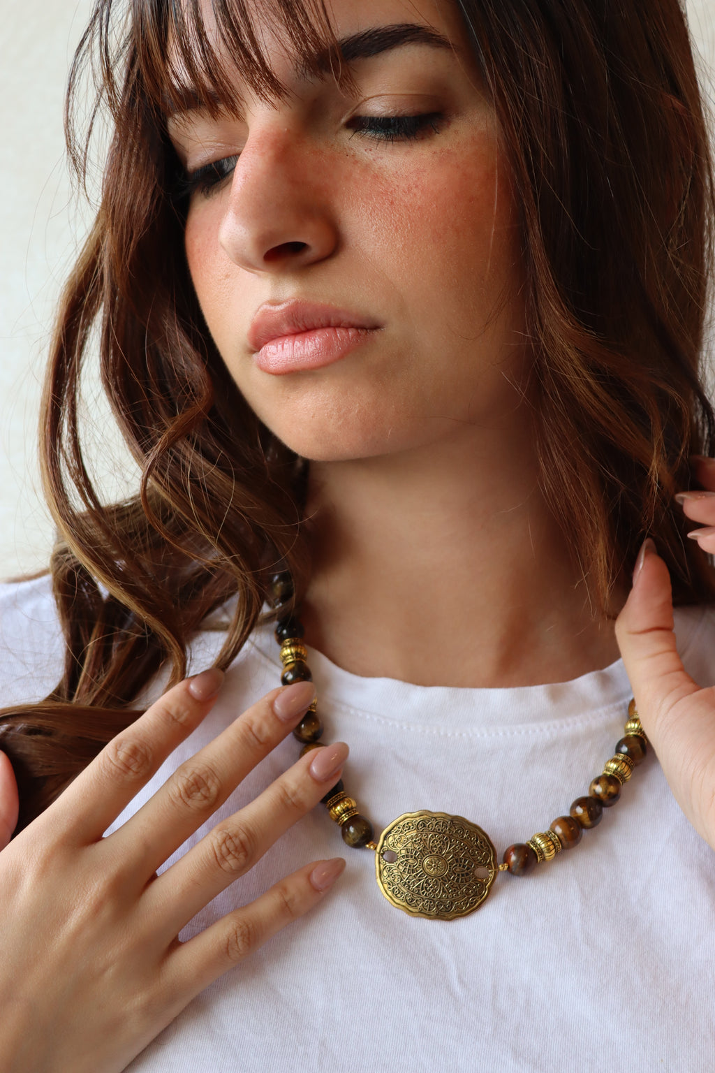 Brown Agate Stones with Round Bronze Mandala Pendant Necklace | Handmade jewelry