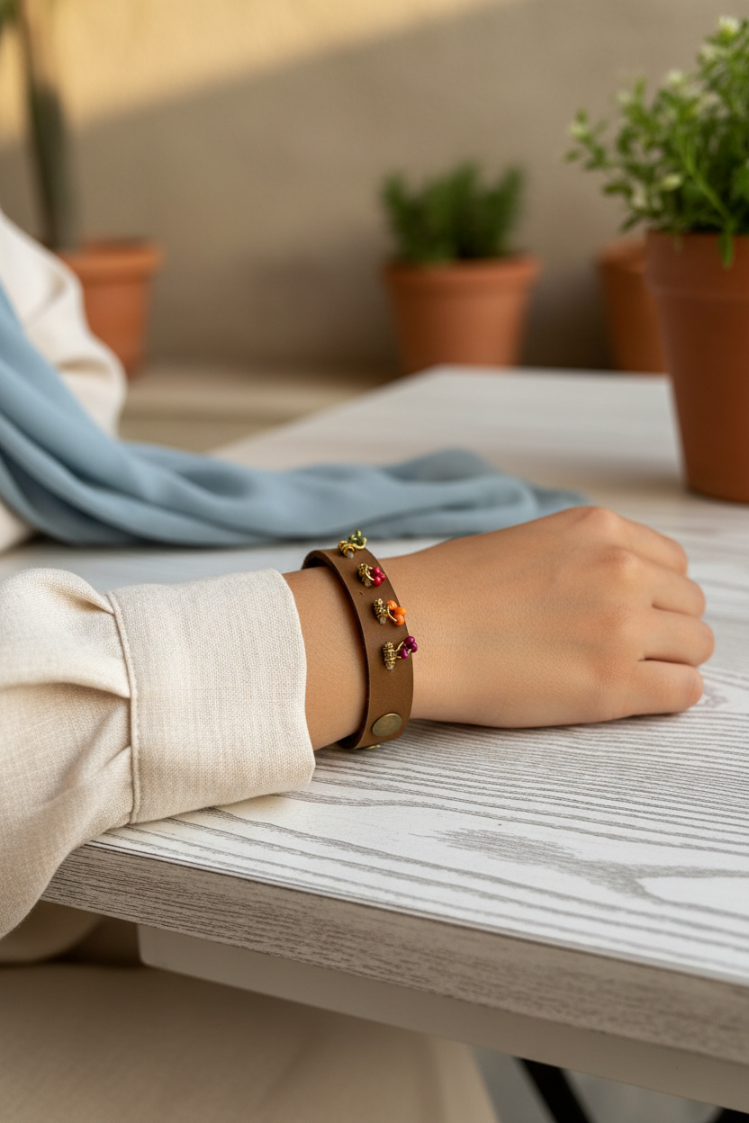 Brown natural Leather bracelet with gold metal an colorful beads