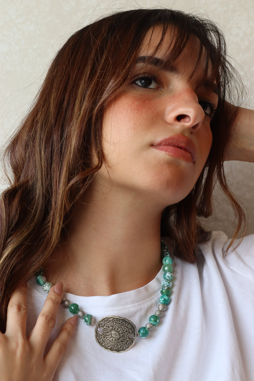Green Agate Silver Mandala Necklace | J144