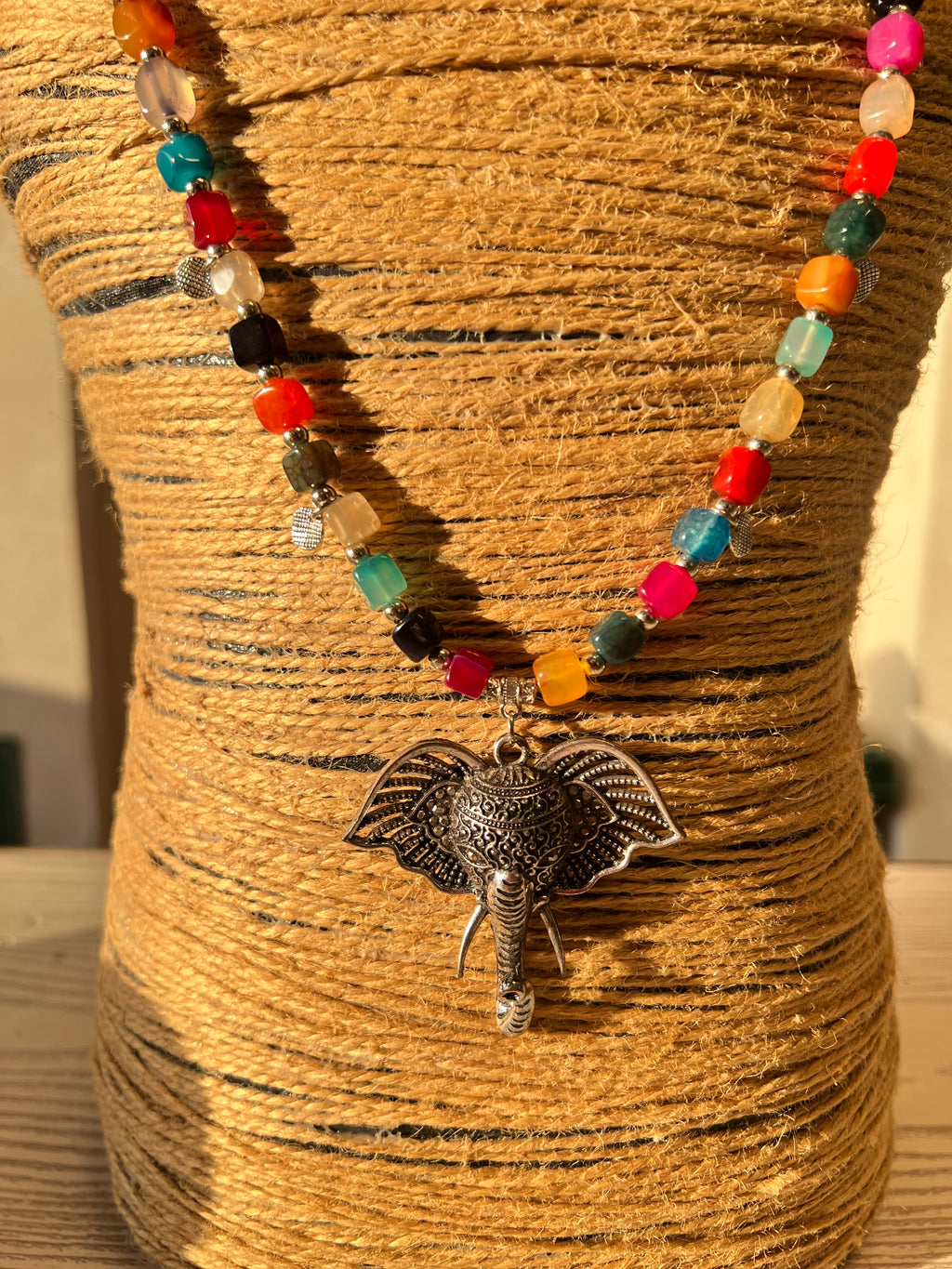 colorful agate necklace with silver elephant pendant J293