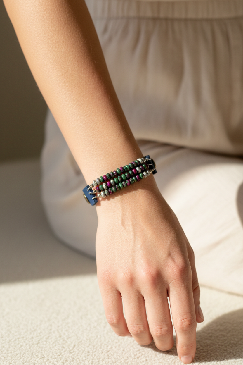 Blue natural leather bracelet with natural stones