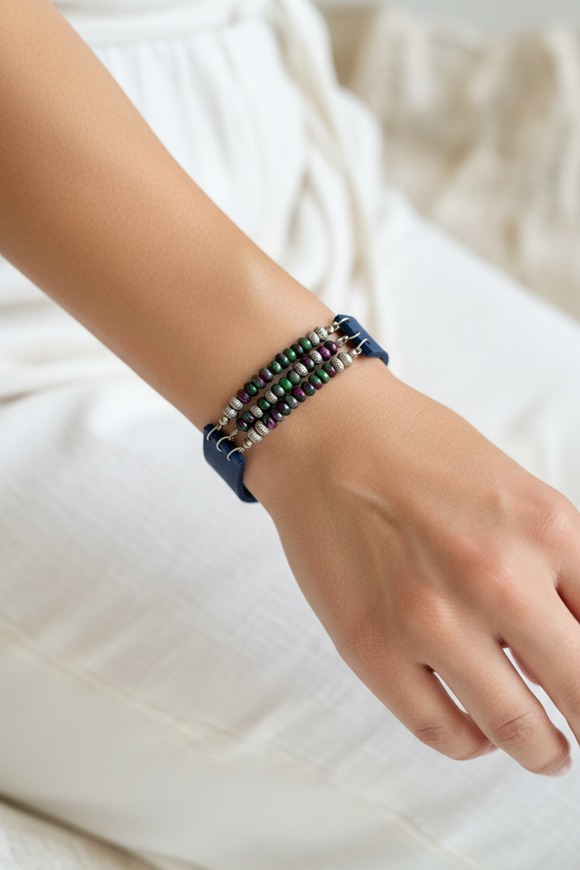 Blue natural leather bracelet with natural stones