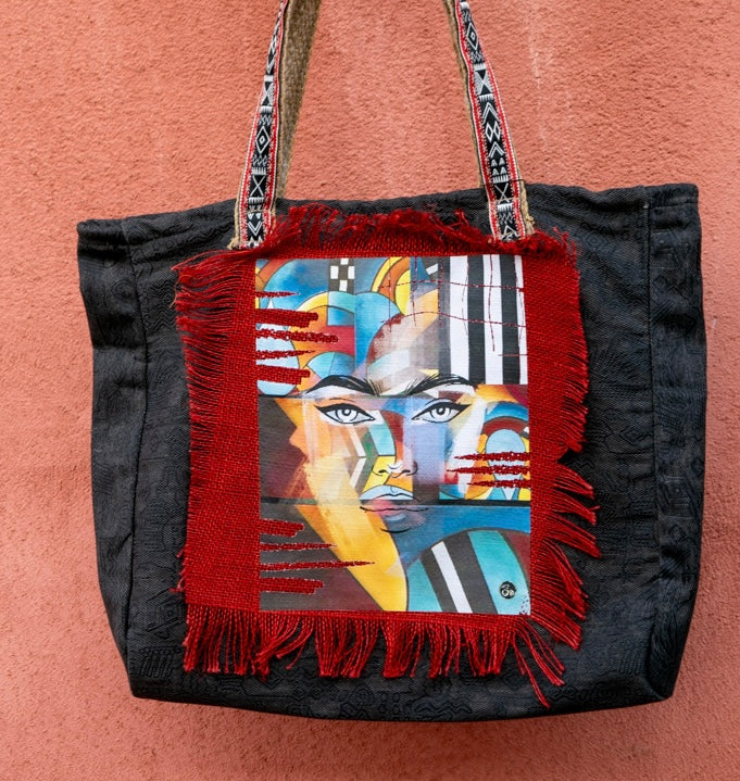 brown printed handbag