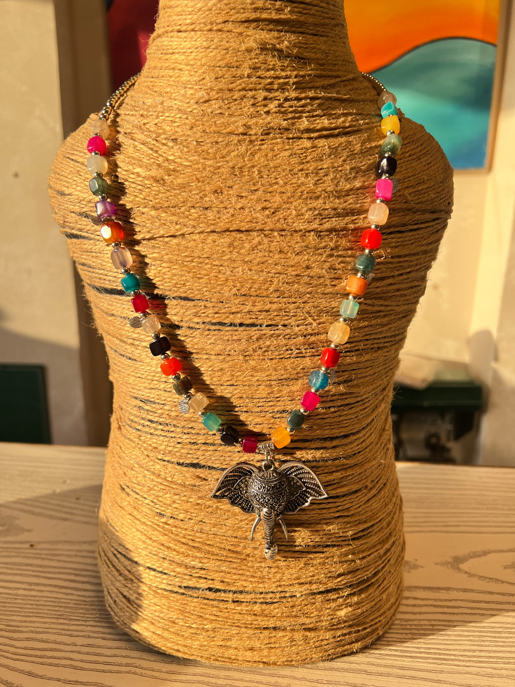colorful agate necklace with silver elephant pendant J293
