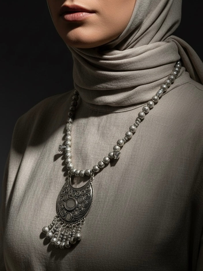 silver lava necklace with silver Tone pendant | J251
