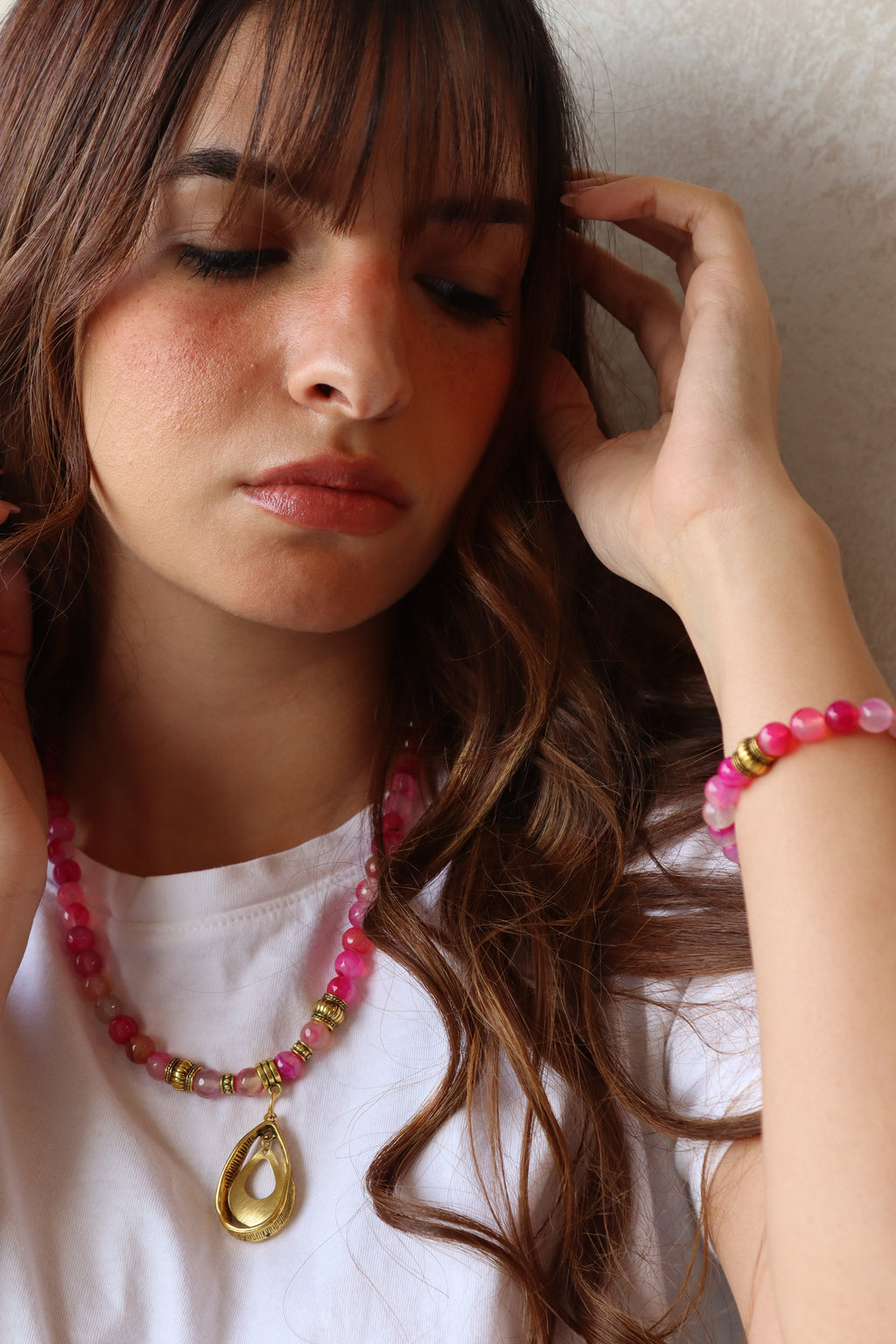 Pink Agate with gold accents necklace and bracelet Set | Handmade jewelry