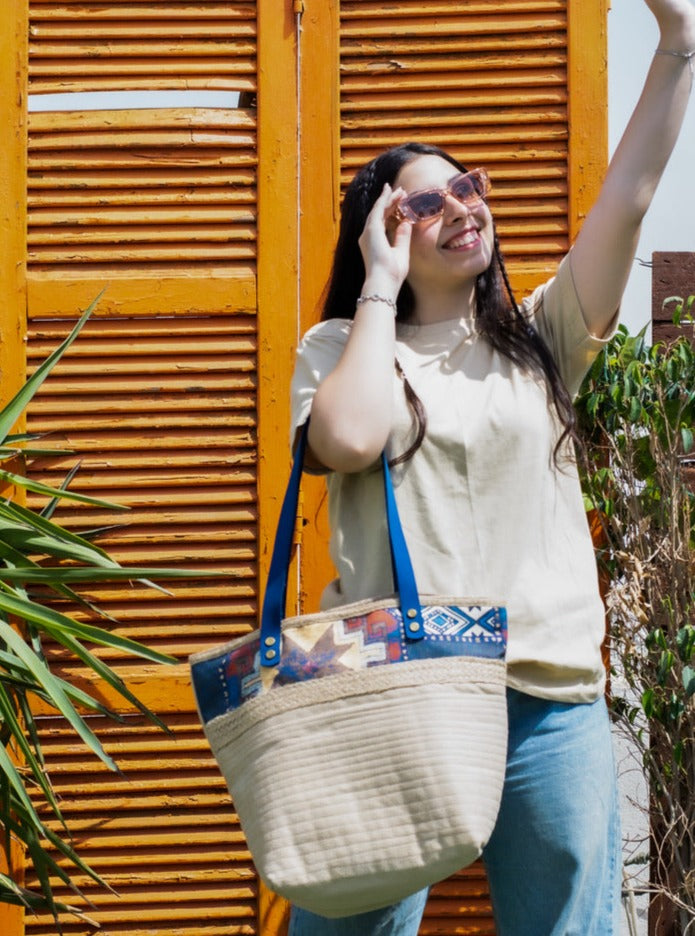 Beige Fabric Handbag With a Blue Pattern