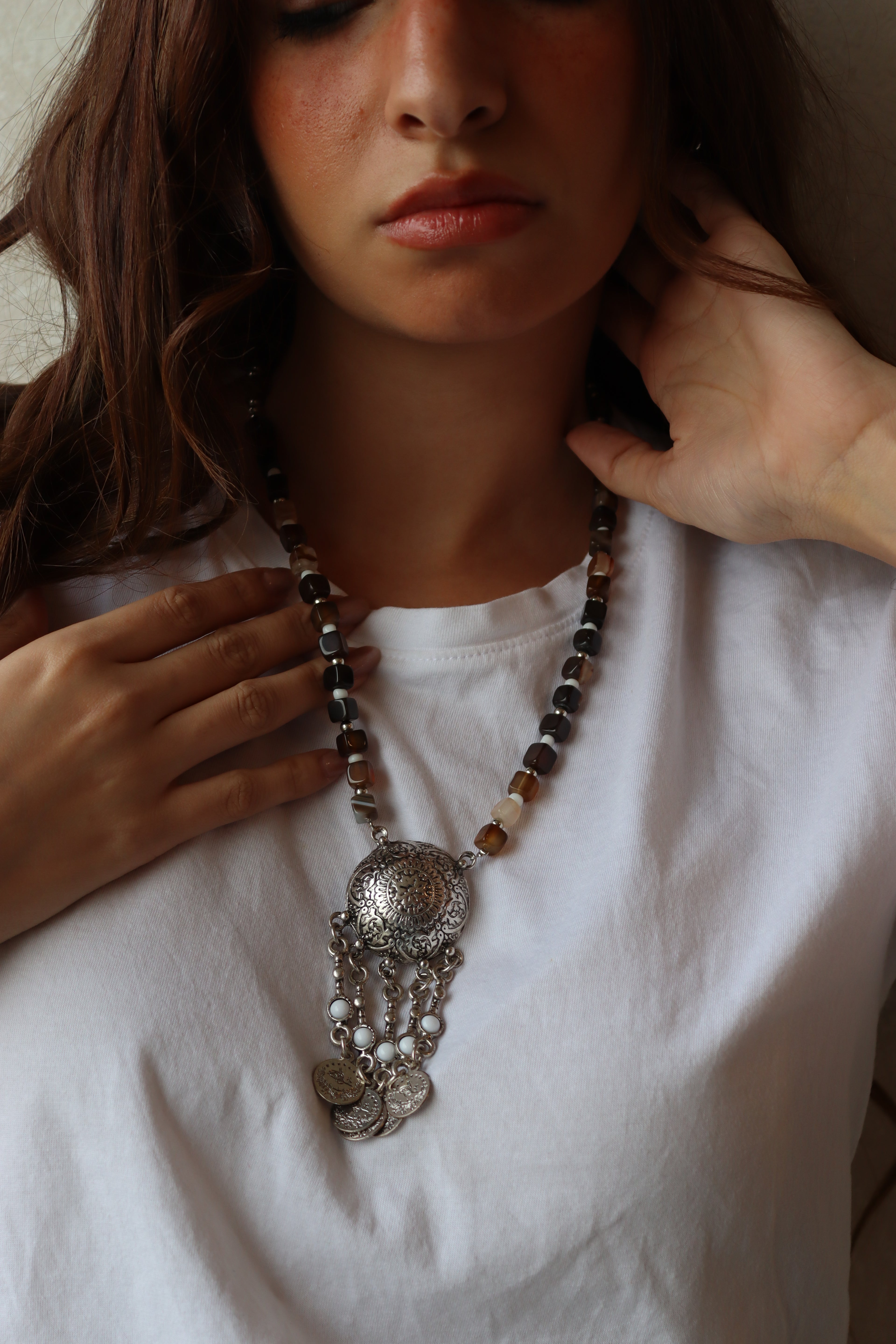Brown agate heritage coin drop Necklace | Handmade jewelry