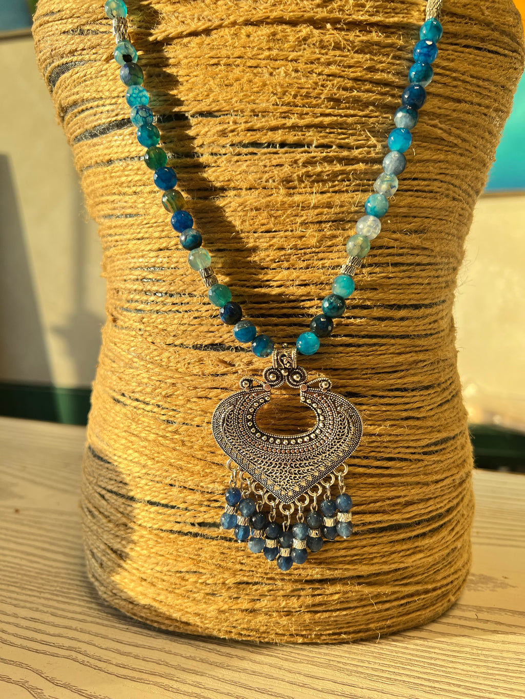 blue agate with silver pendant necklace J291