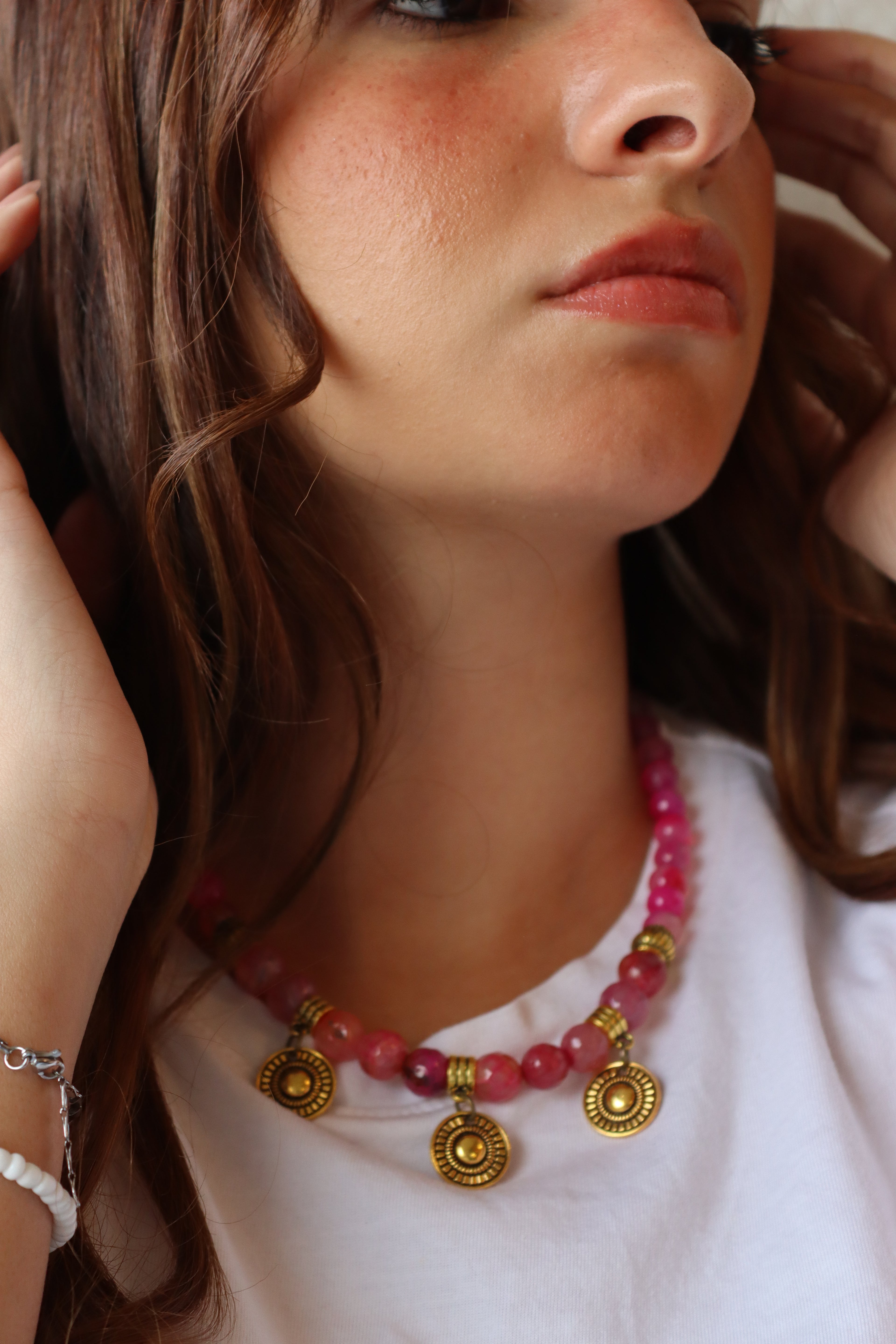 Pink Agate with coin pendants choker necklace | Handmade jewelry