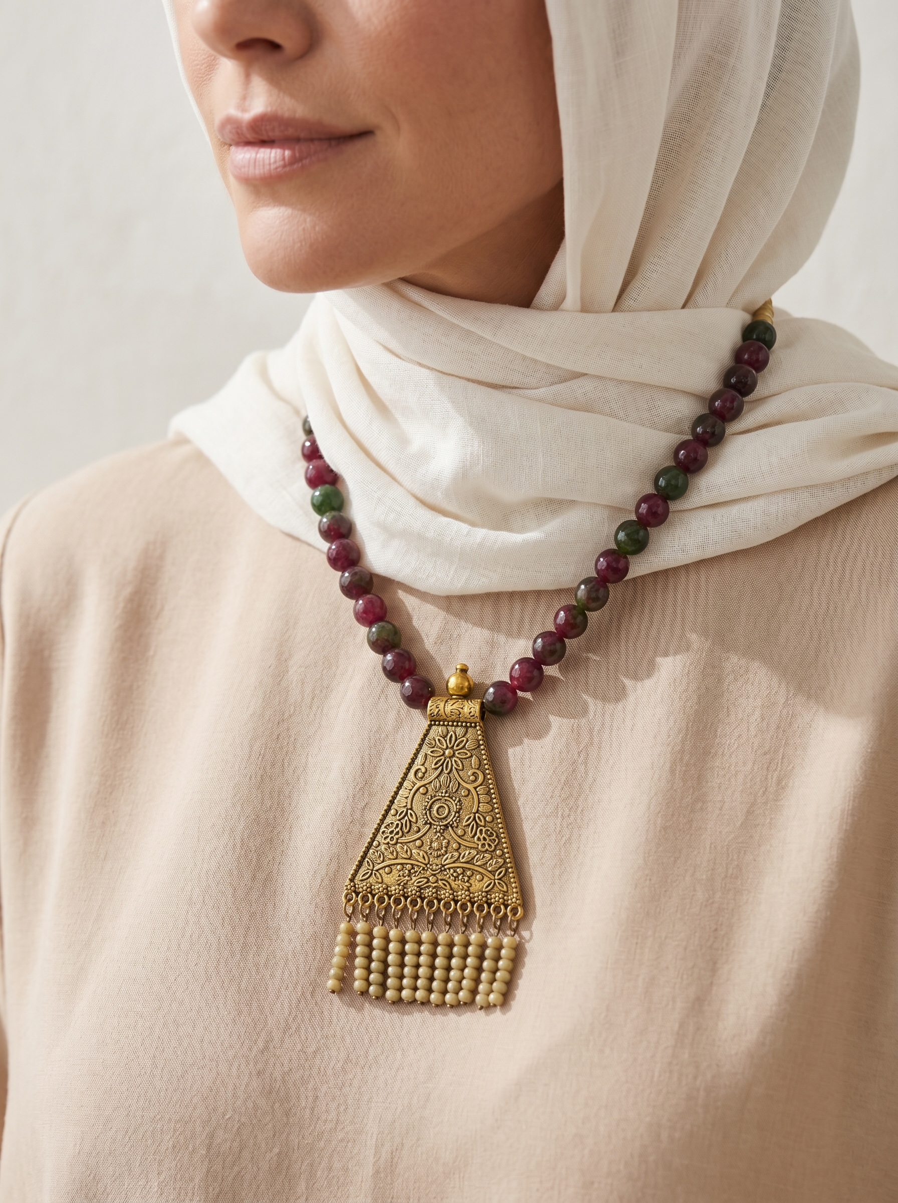 purple agate necklace with gold pendant | J253