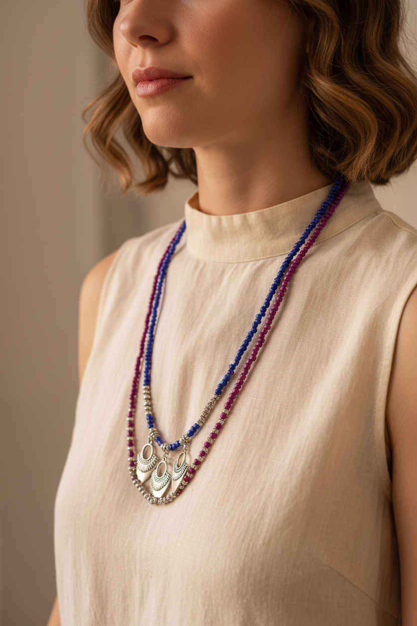 double layered beaded necklace with three silver metal J290