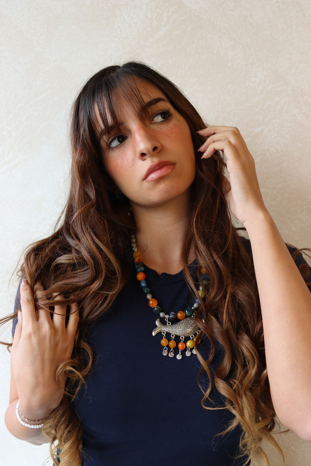 Orange and blue Agate Stones with silver Fish Pendant Necklace  | Handmade jewelry