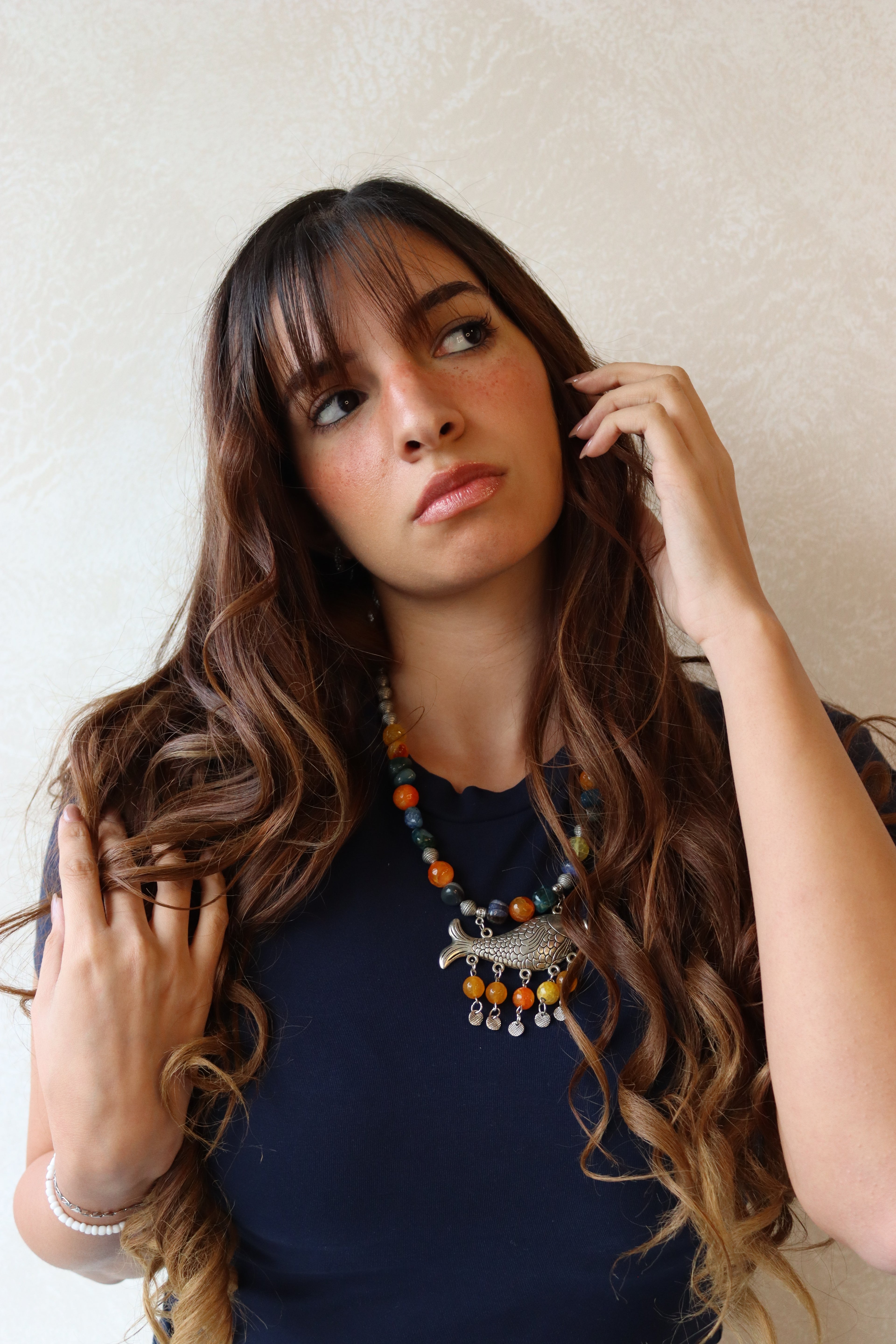 Orange and blue Agate Stones with silver Fish Pendant Necklace  | Handmade jewelry