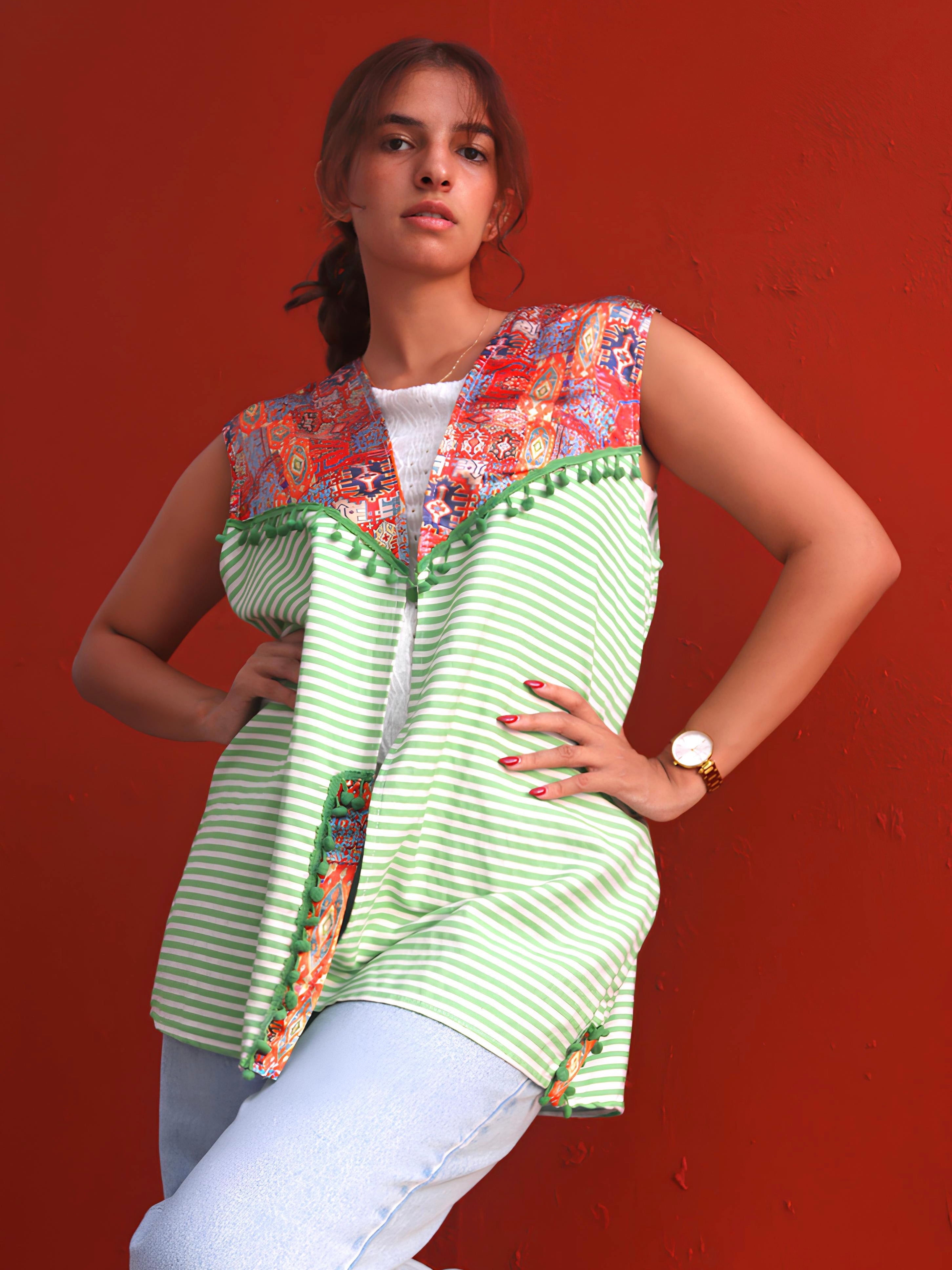 Green Bohemian Stripped Vest One Size