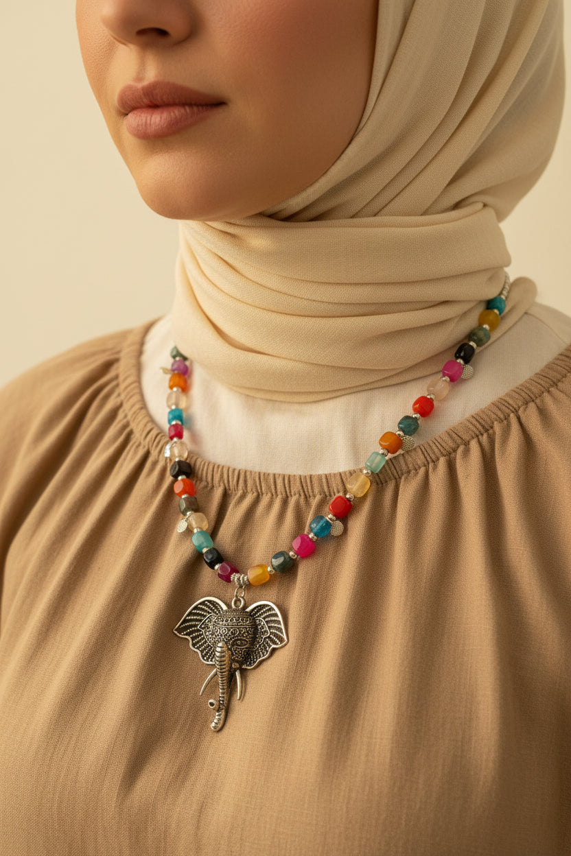 colorful agate necklace with silver elephant pendant J293