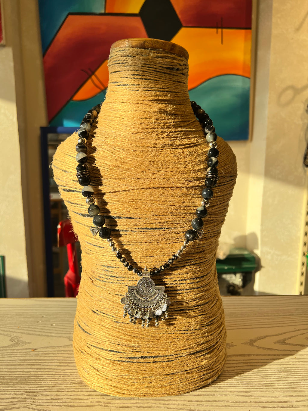 black agate with silver pendant necklace