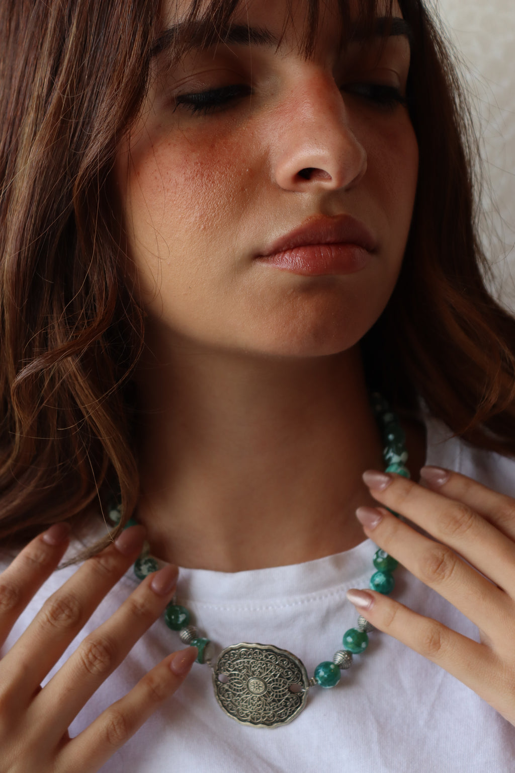 Green Agate Silver Mandala Necklace | J144