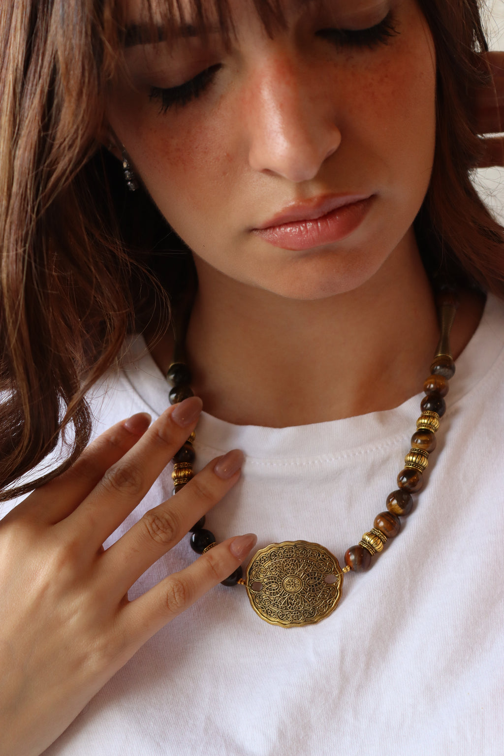 Brown Agate Stones with Round Bronze Mandala Pendant Necklace | Handmade jewelry