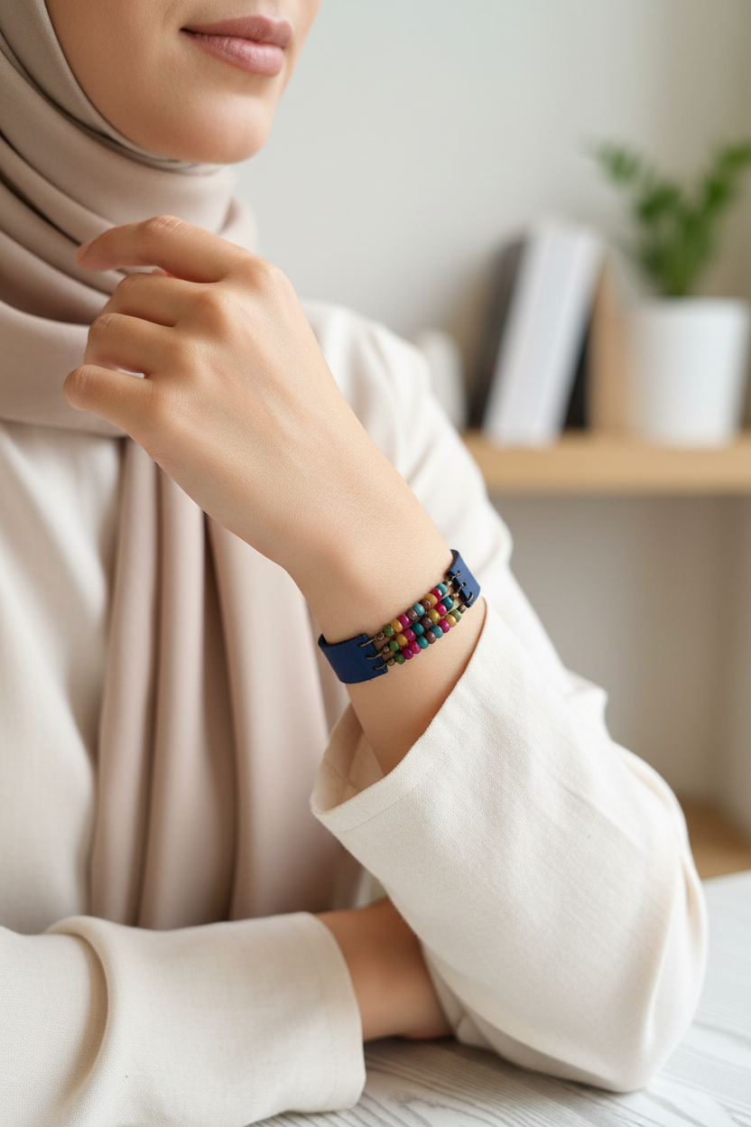 Blue natural leather bracelet with natural stones