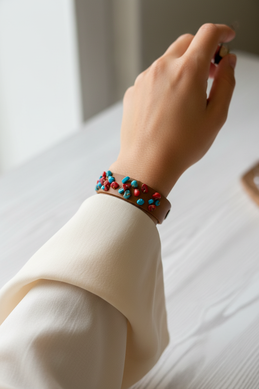 Brown bracelet with blue and red kasr hagar stones | J311