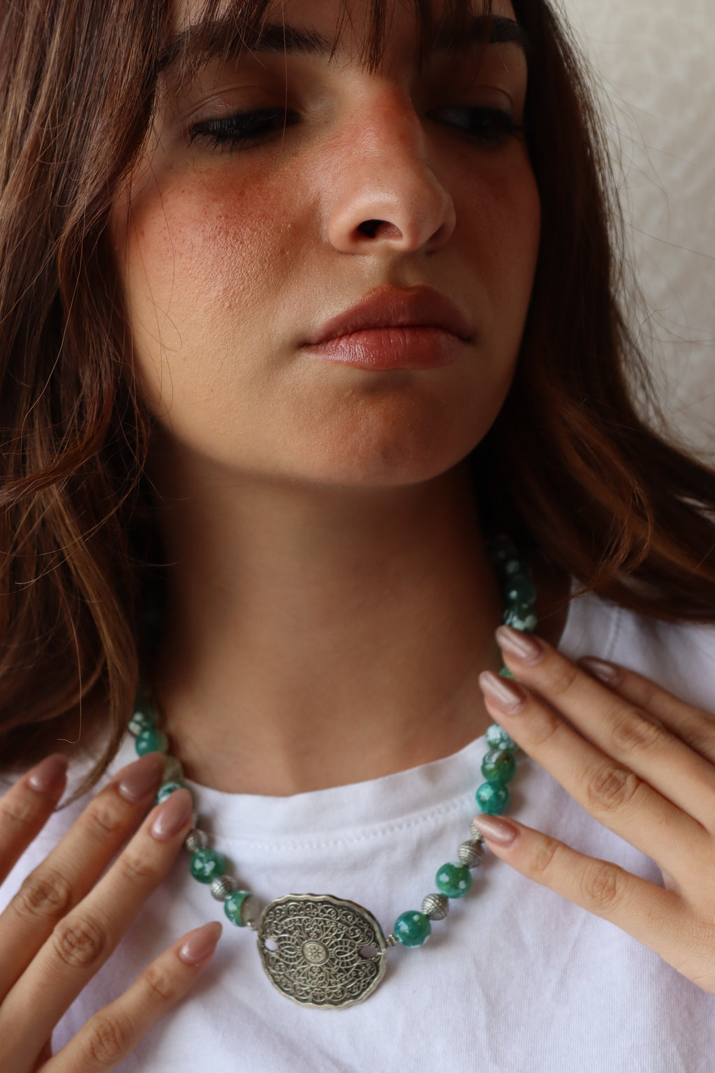 Green Agate Silver Mandala Necklace | J144