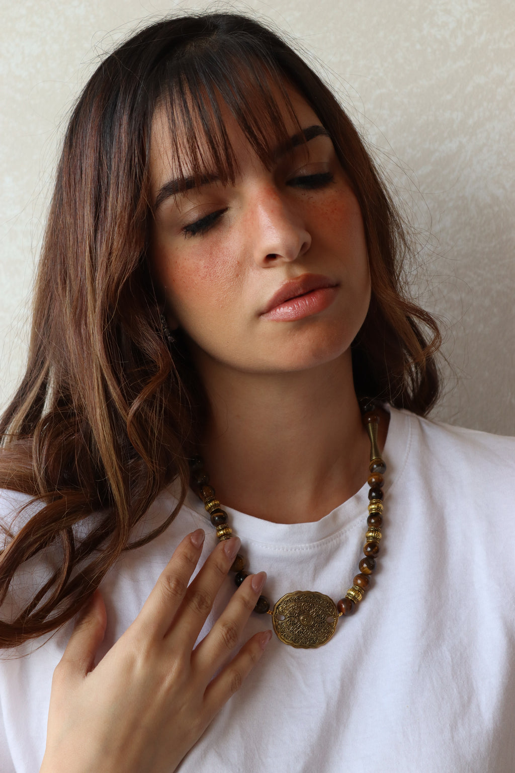 Brown Agate Stones with Round Bronze Mandala Pendant Necklace | Handmade jewelry