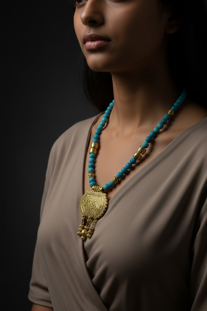 turquoise lava necklace with gold pendant | J249