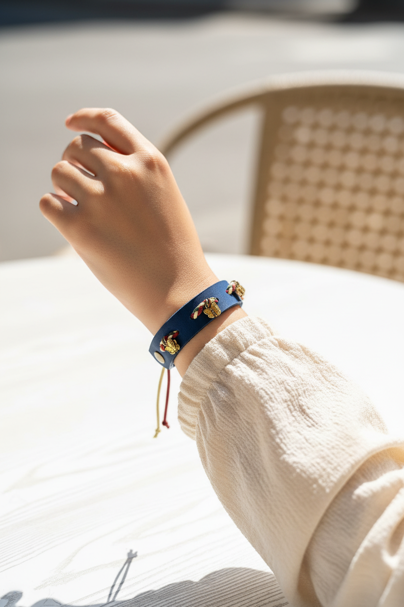 Blue natural leather bracelet with gold butterfly metal