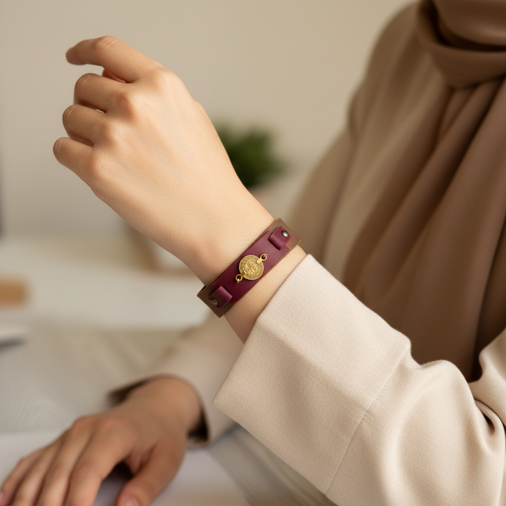 Brown natural leather bracelet with gold metal