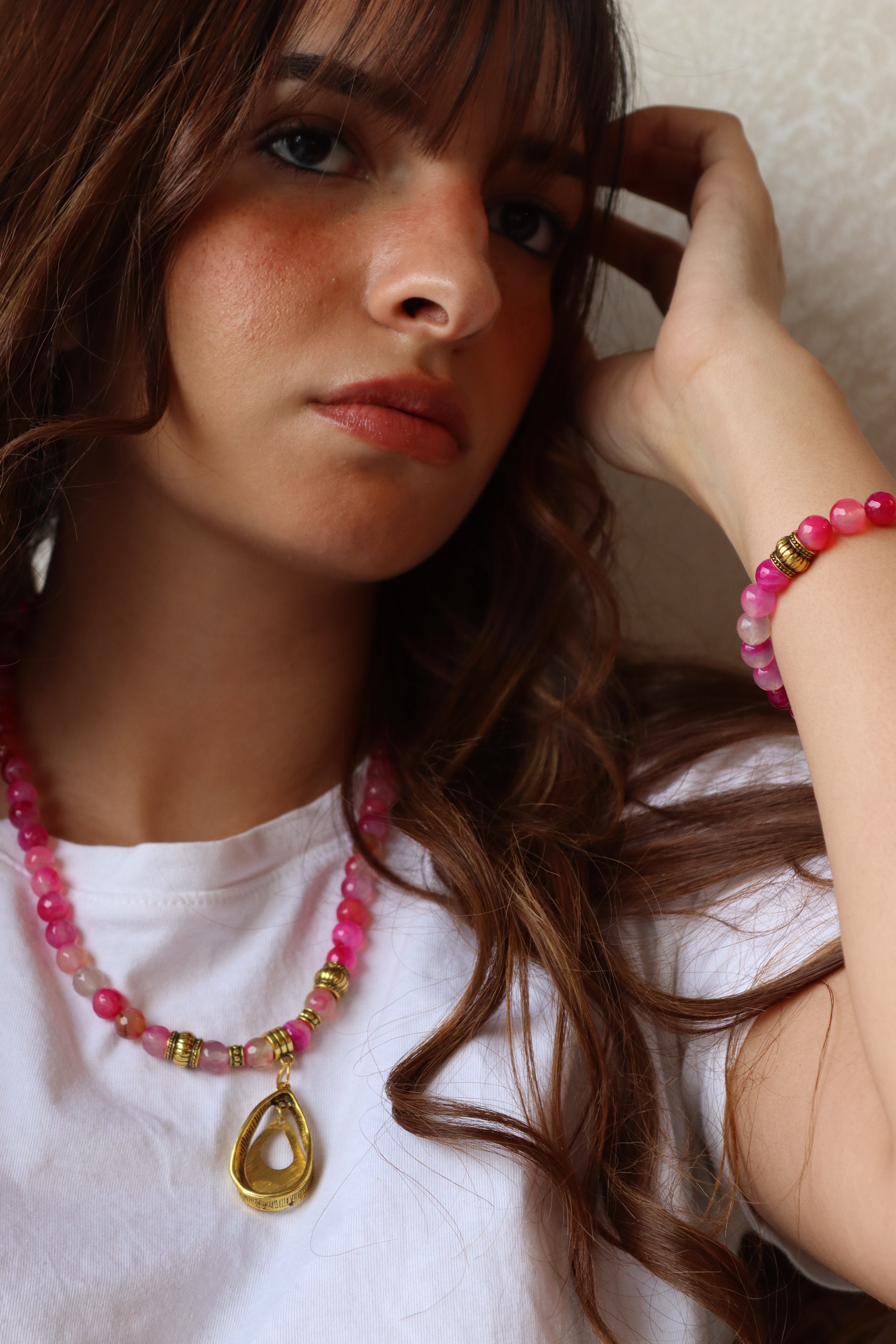 Pink Agate with gold accents necklace and bracelet Set | Handmade jewelry