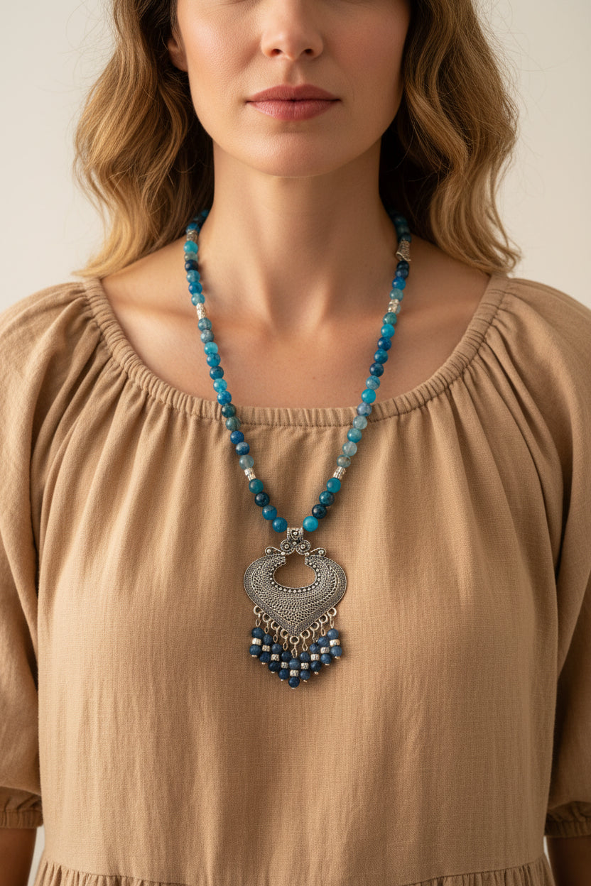 blue agate with silver pendant necklace J291