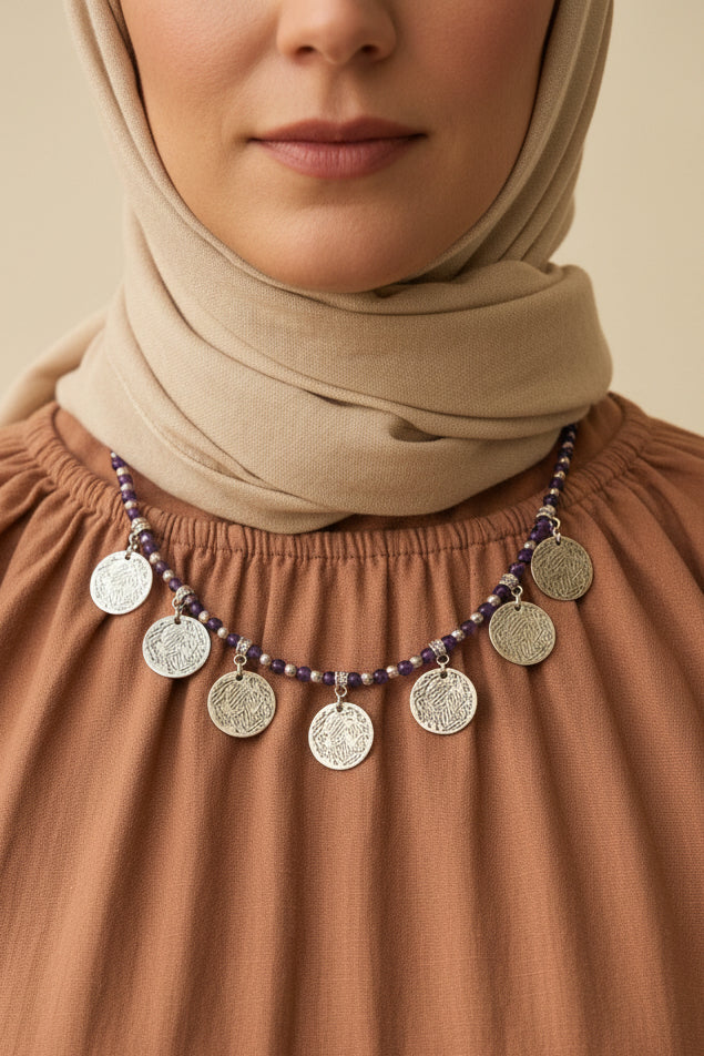 purple agate necklace with silver coins