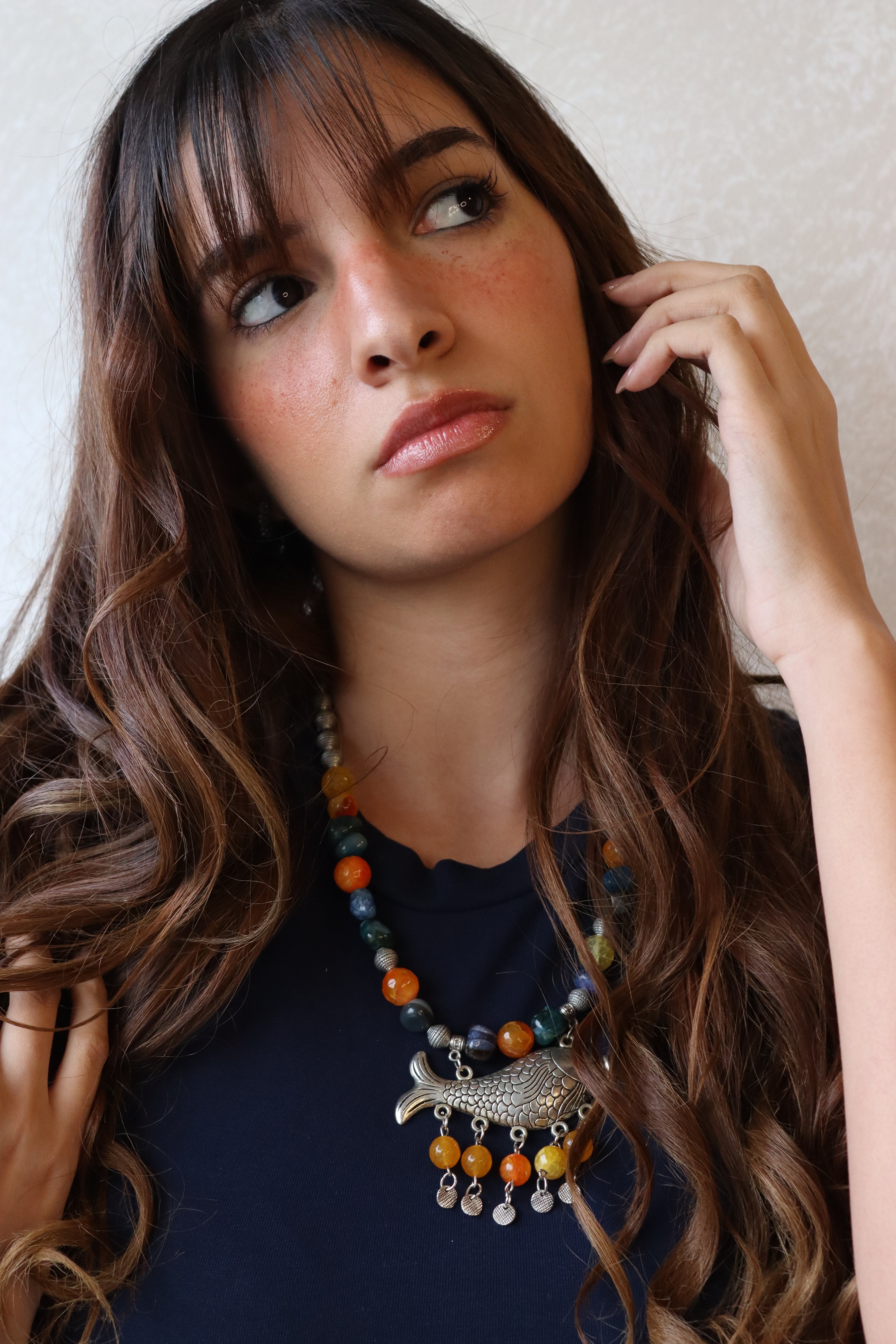 Orange and blue Agate Stones with silver Fish Pendant Necklace  | Handmade jewelry