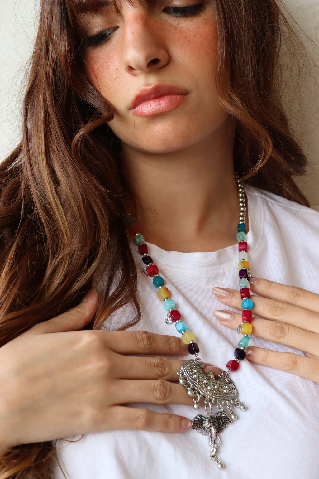 Multi-colored Agate Statement boho Necklace | J140