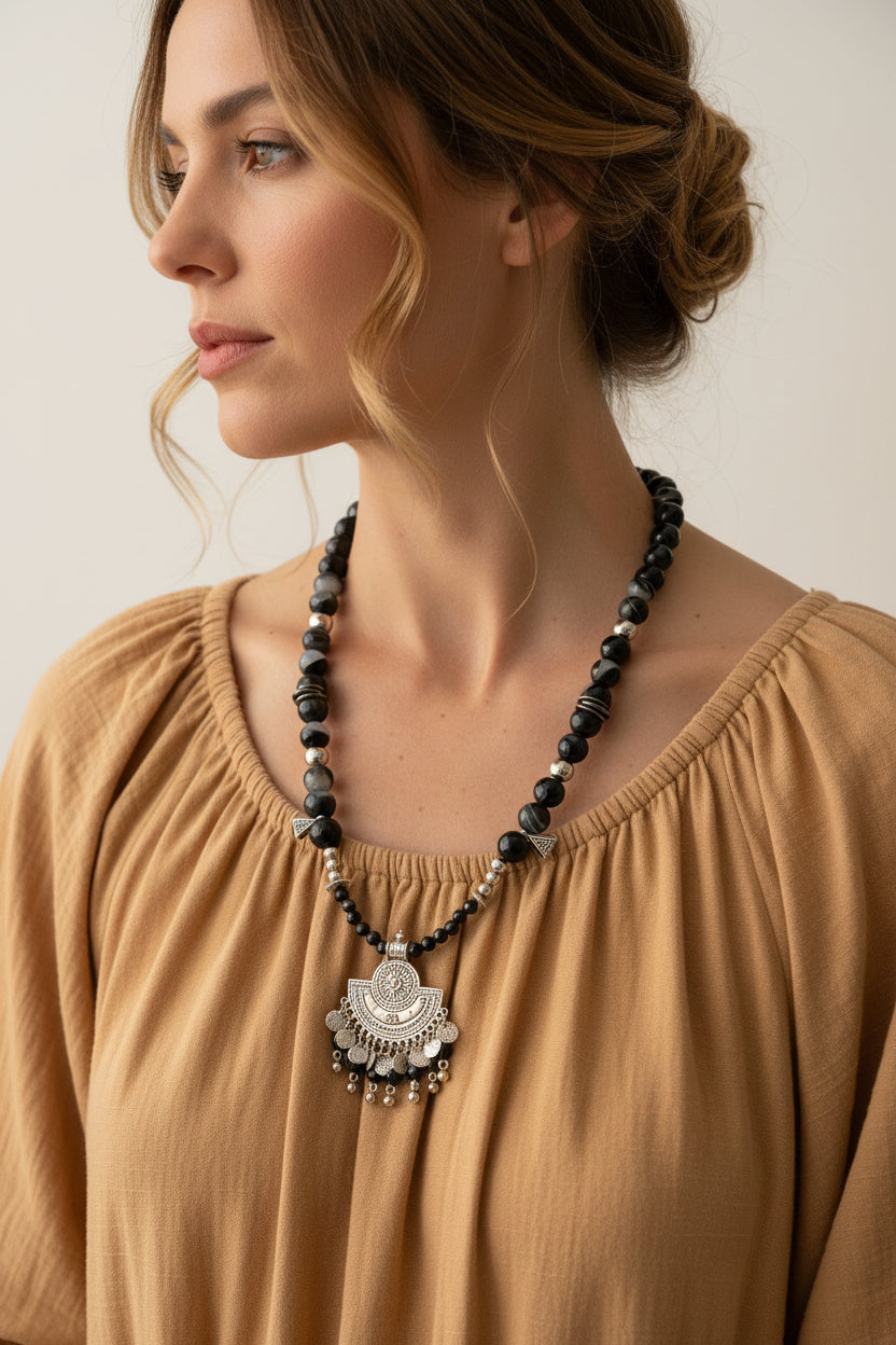 black agate with silver pendant necklace