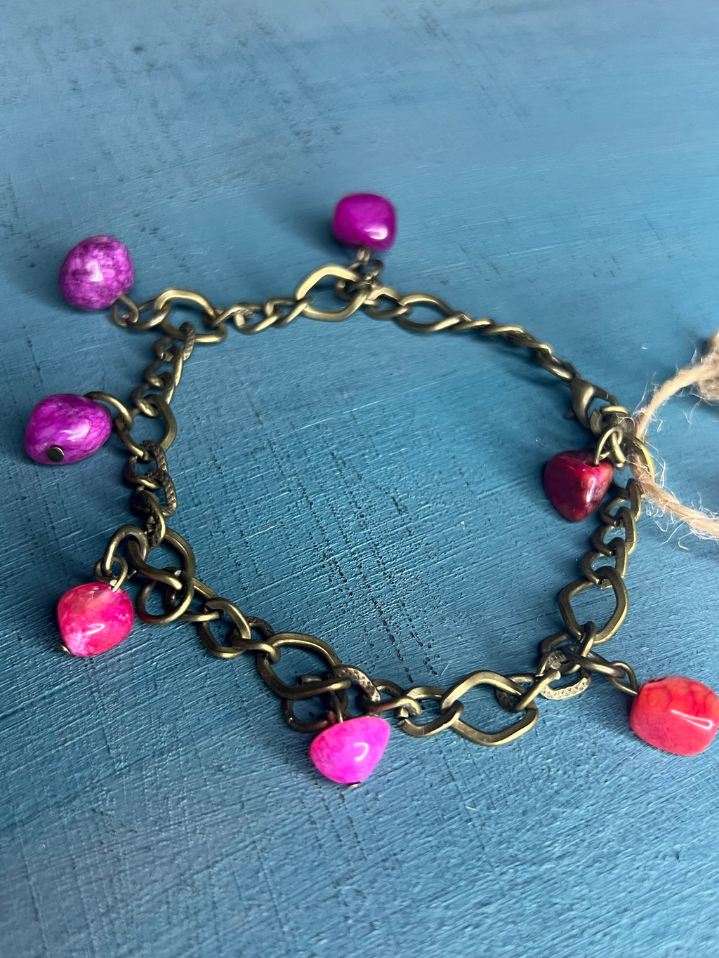 Oxidized copper chain pink bracelet
