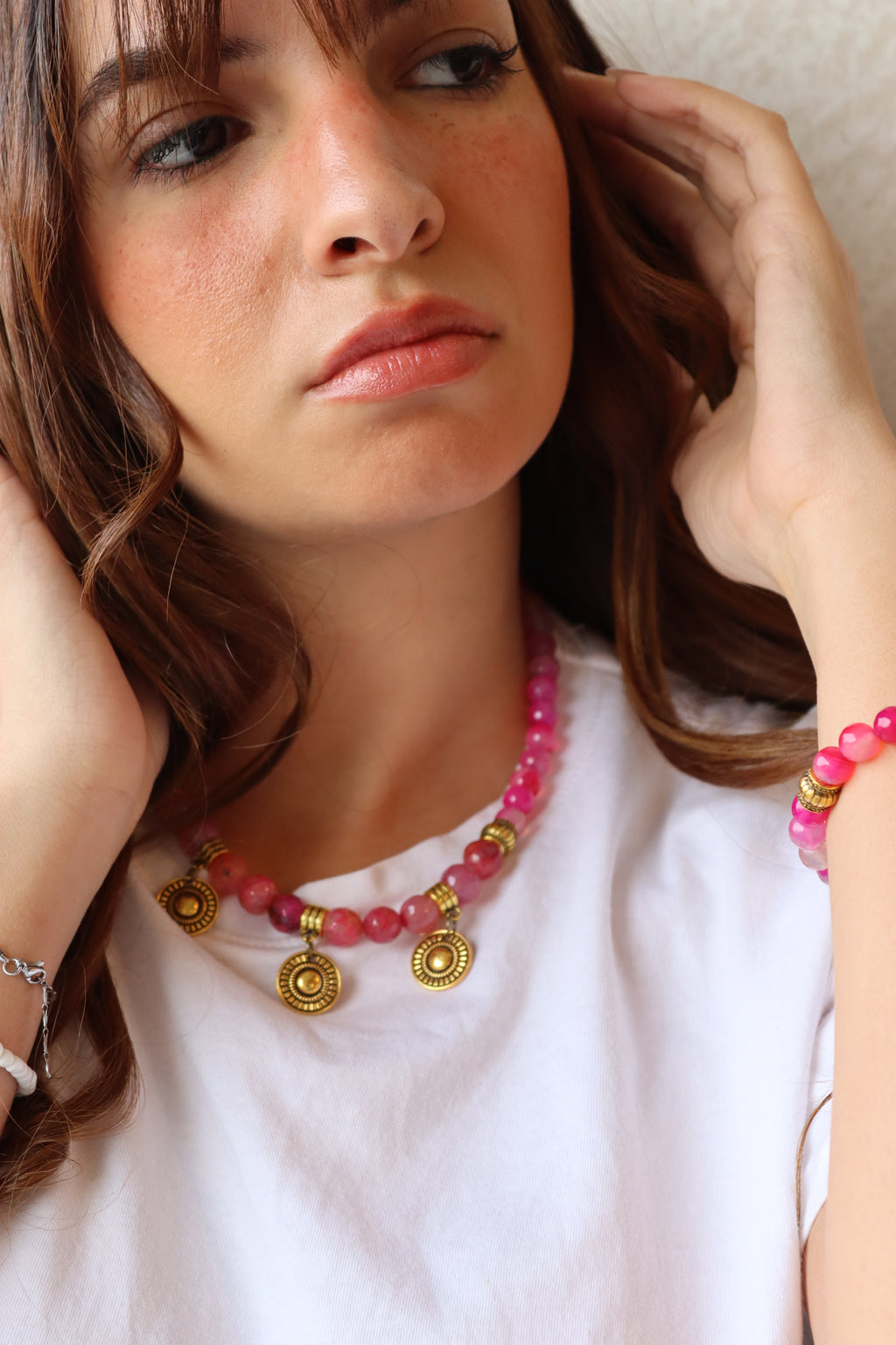 Pink Agate with coin pendants choker necklace | Handmade jewelry