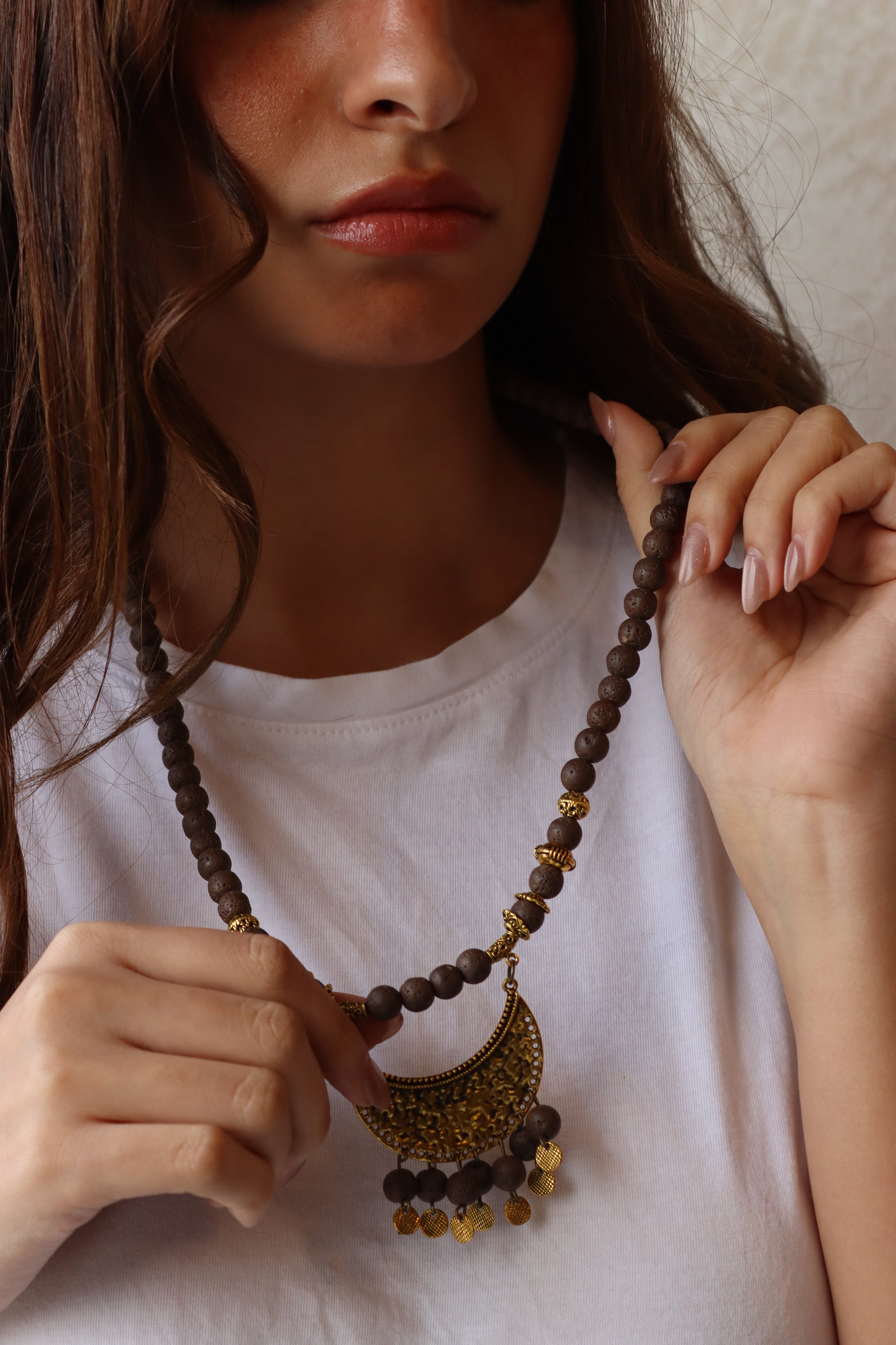 Dark Nights - Brown lava stones with oxidized gold accents necklace | Handmade jewelry