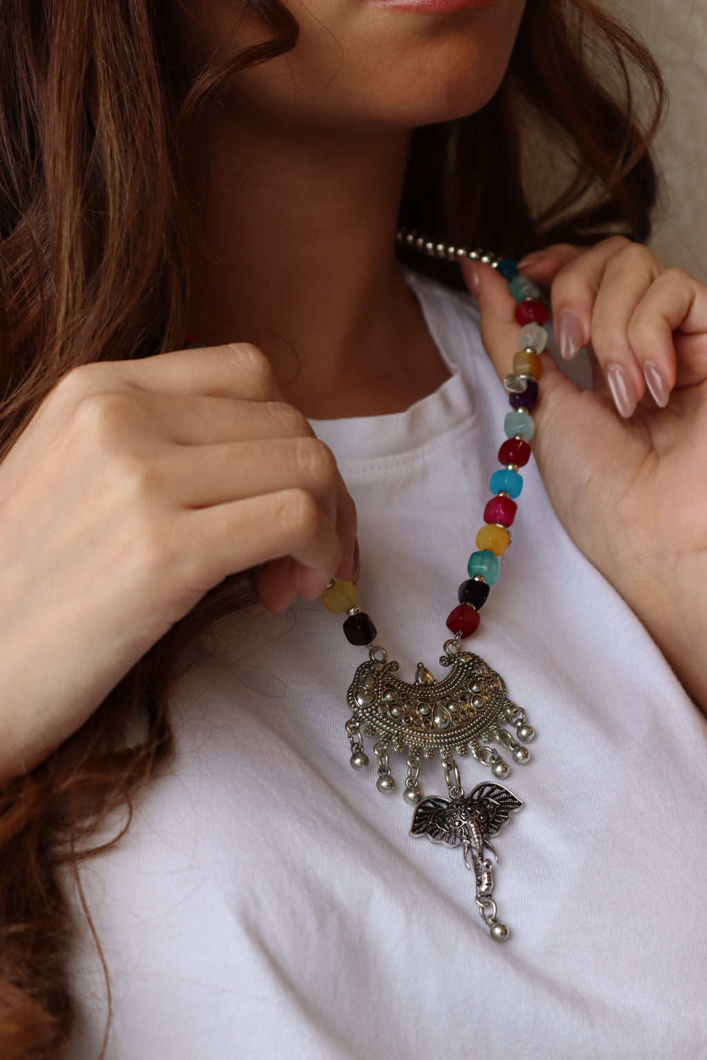 Multi-colored Agate Statement boho Necklace | J140