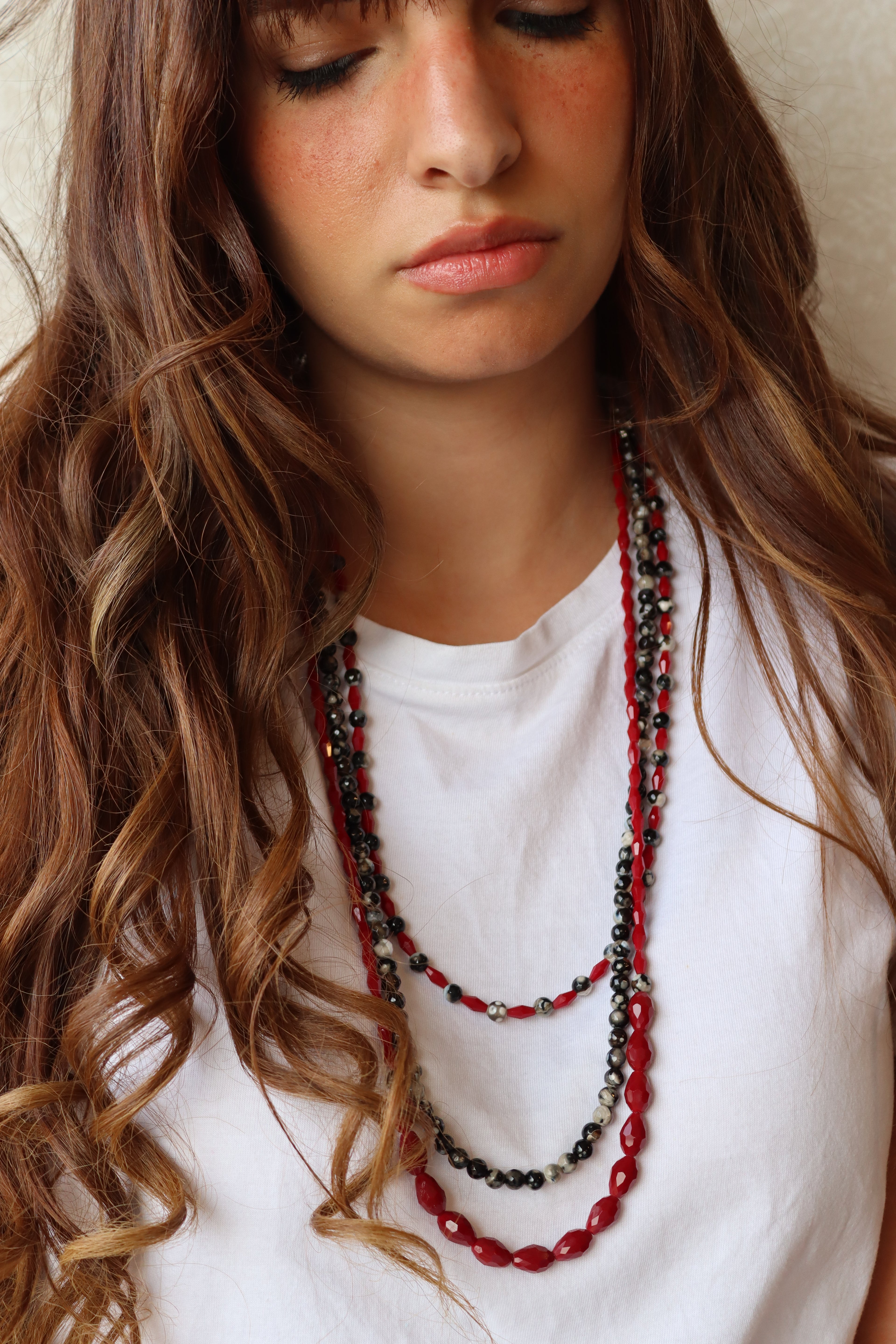 Black Agate & Red Crystal Triple-Layered Necklace