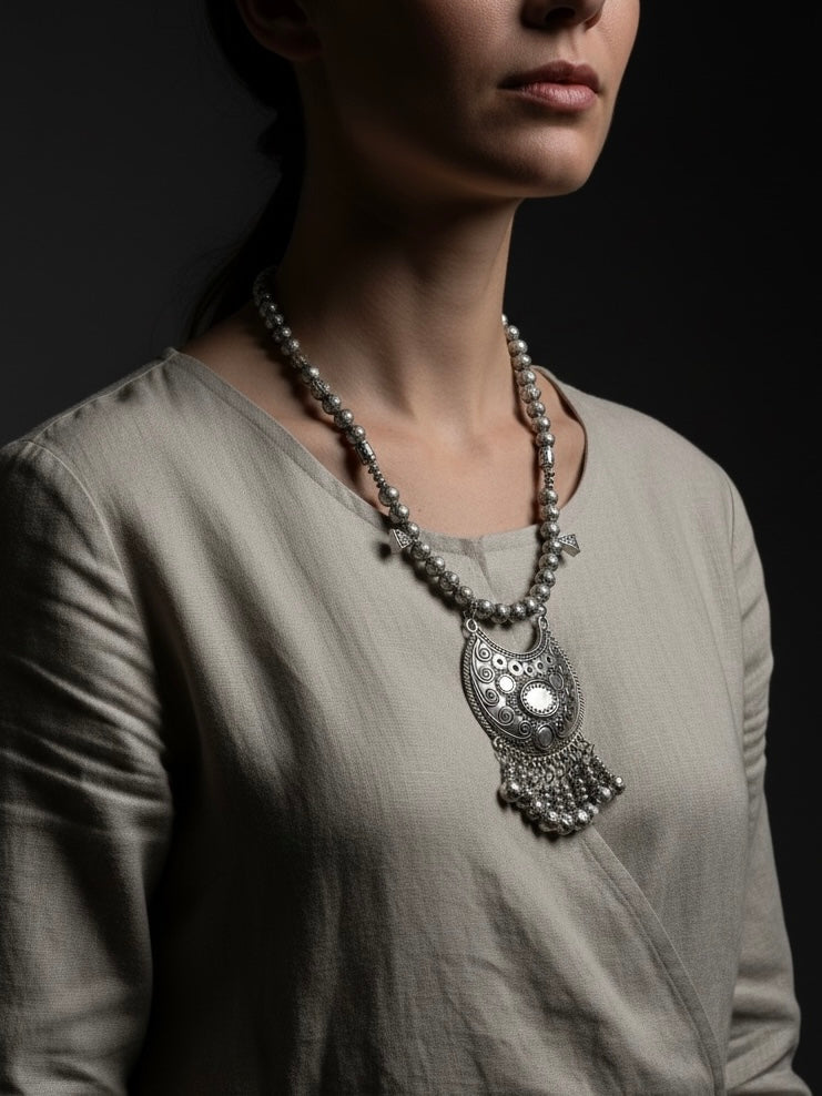 silver lava necklace with silver Tone pendant | J251
