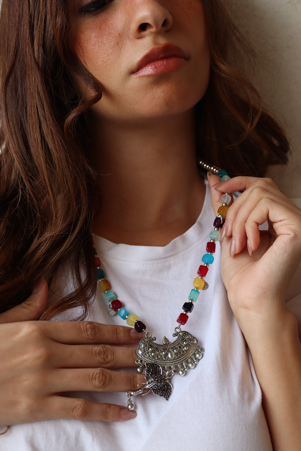 Multi-colored Agate Statement boho Necklace | J140