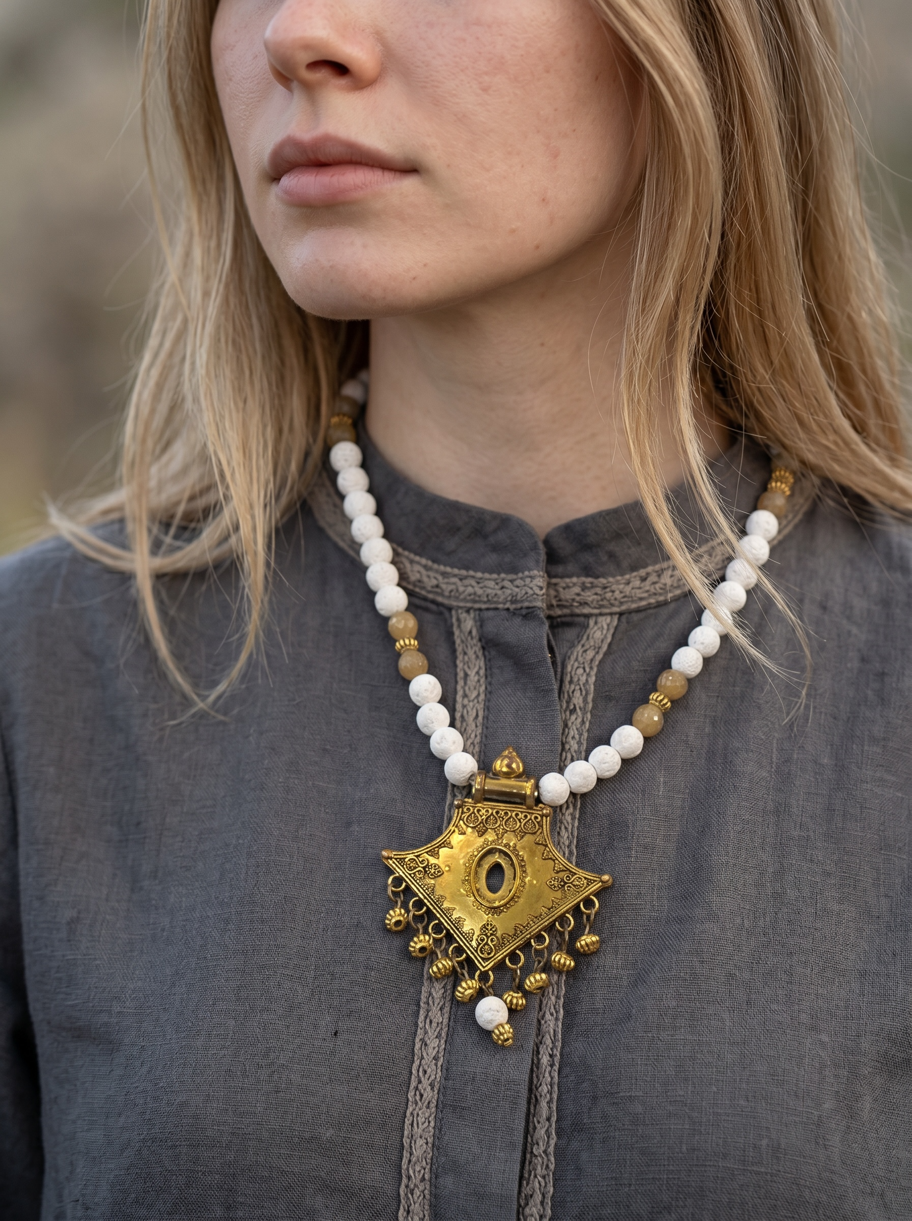 lava stone in white necklace with gold pendant | J247