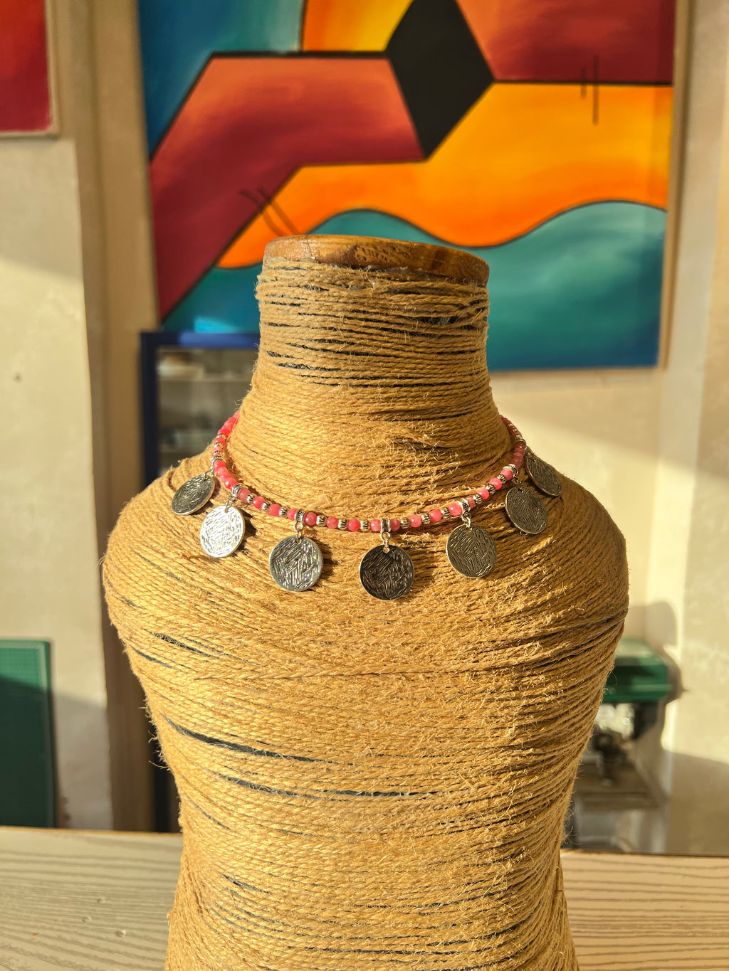 pink agate necklace with silver coins